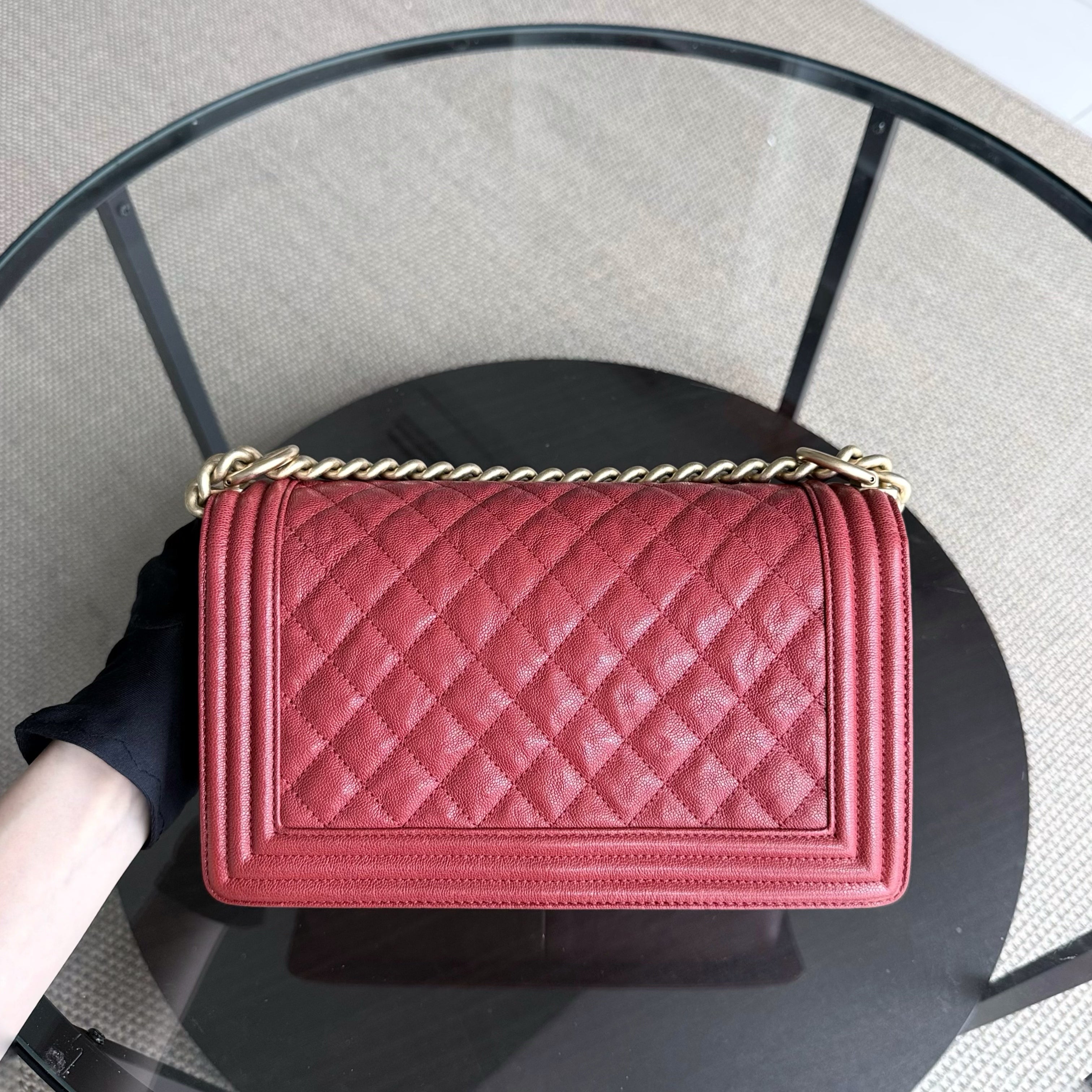 Chanel Boy Medium - Caviar 25CM Quilted Grained Calfskin Red Gold Hardware Series 26