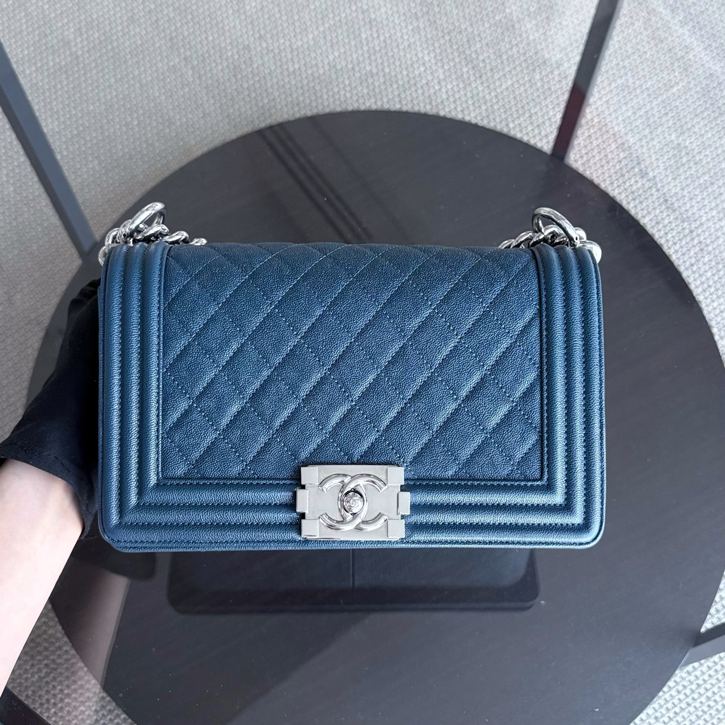 Chanel Boy Medium - Caviar 25CM Quilted Grained Calfskin Blue Silver Hardware Series 28