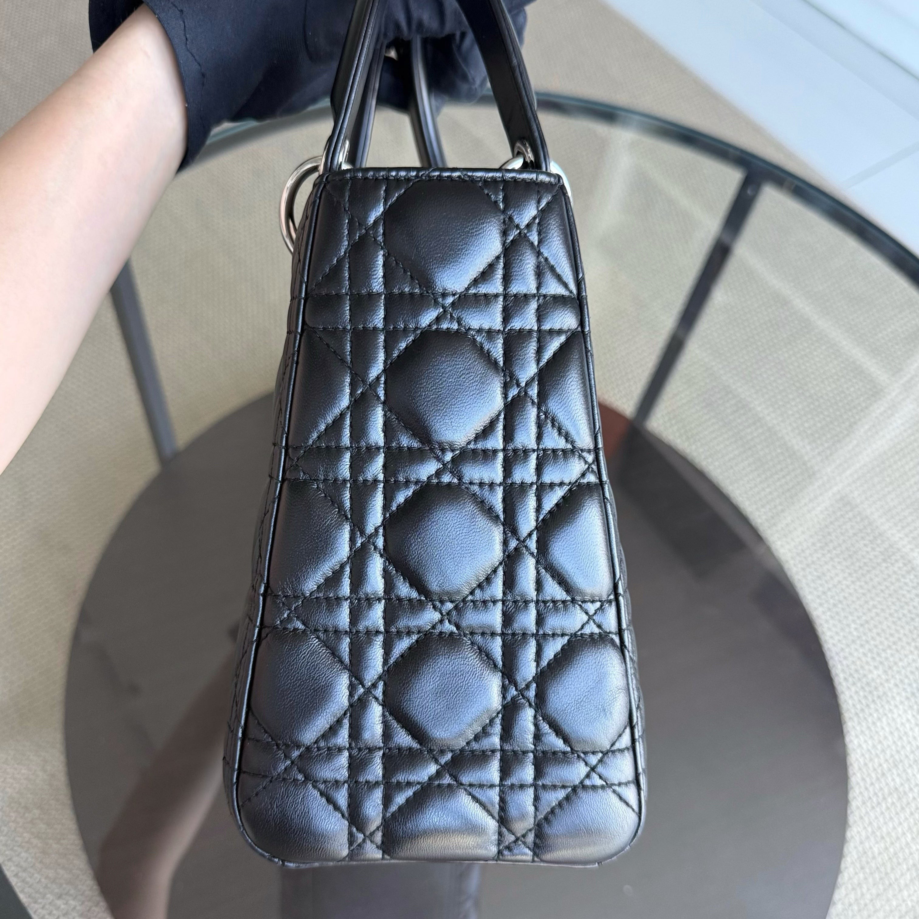 Dior Lady Medium - Cannage Lambskin Black Silver Hardware Adjustable Strap