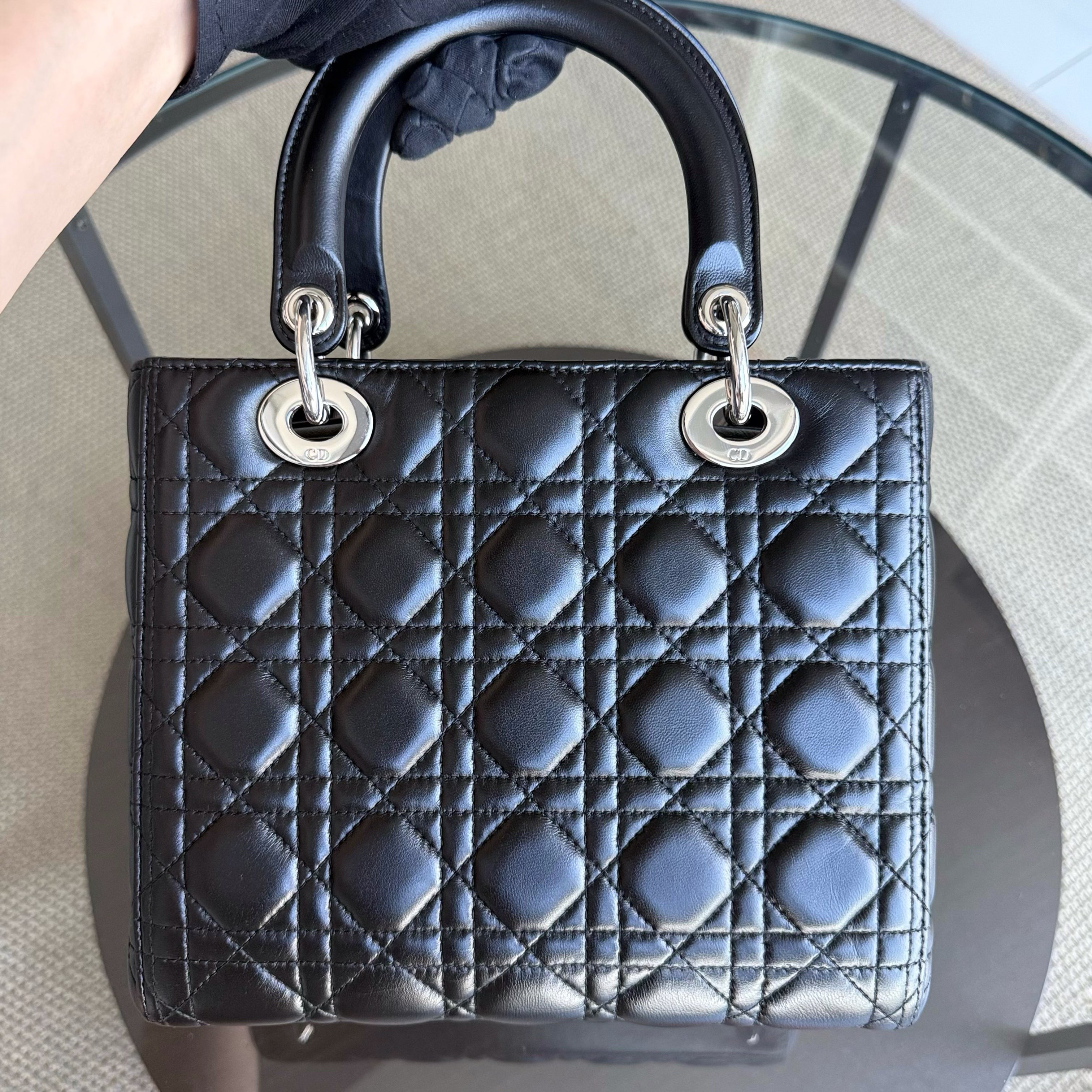 Dior Lady Medium - Cannage Lambskin Black Silver Hardware Adjustable Strap
