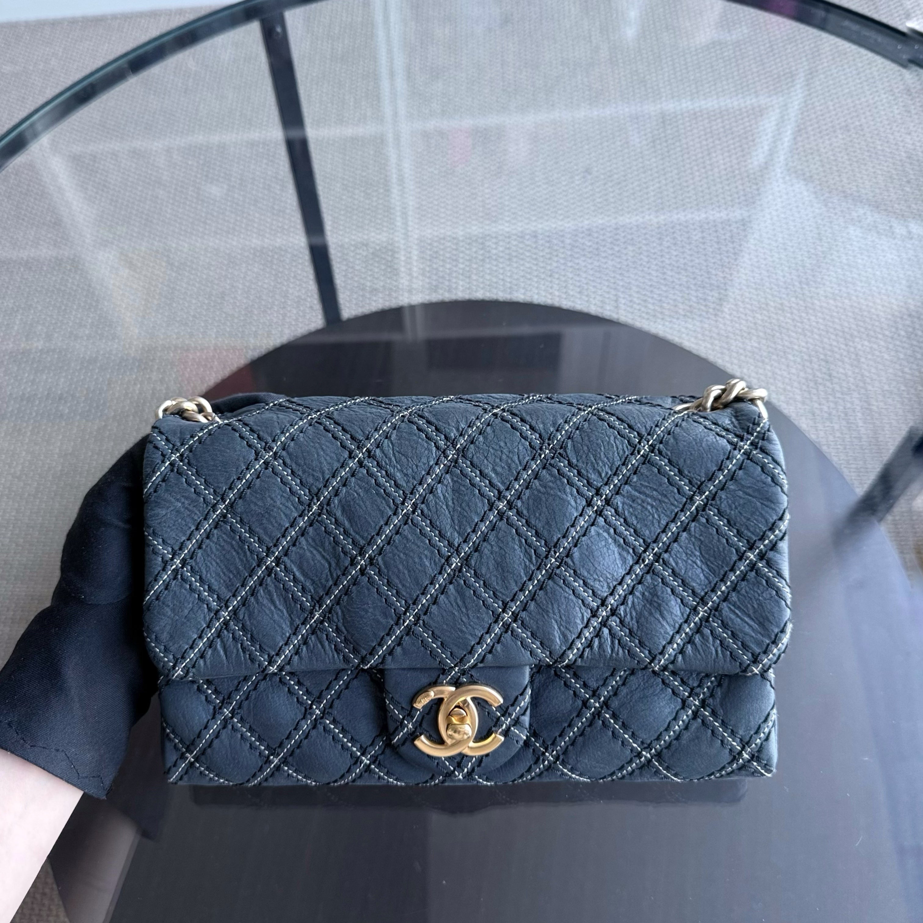 Chanel Seasonal Flap - Quilted Wild Stitch CalfskinDark Navy Blue Gold Hardware Series 19