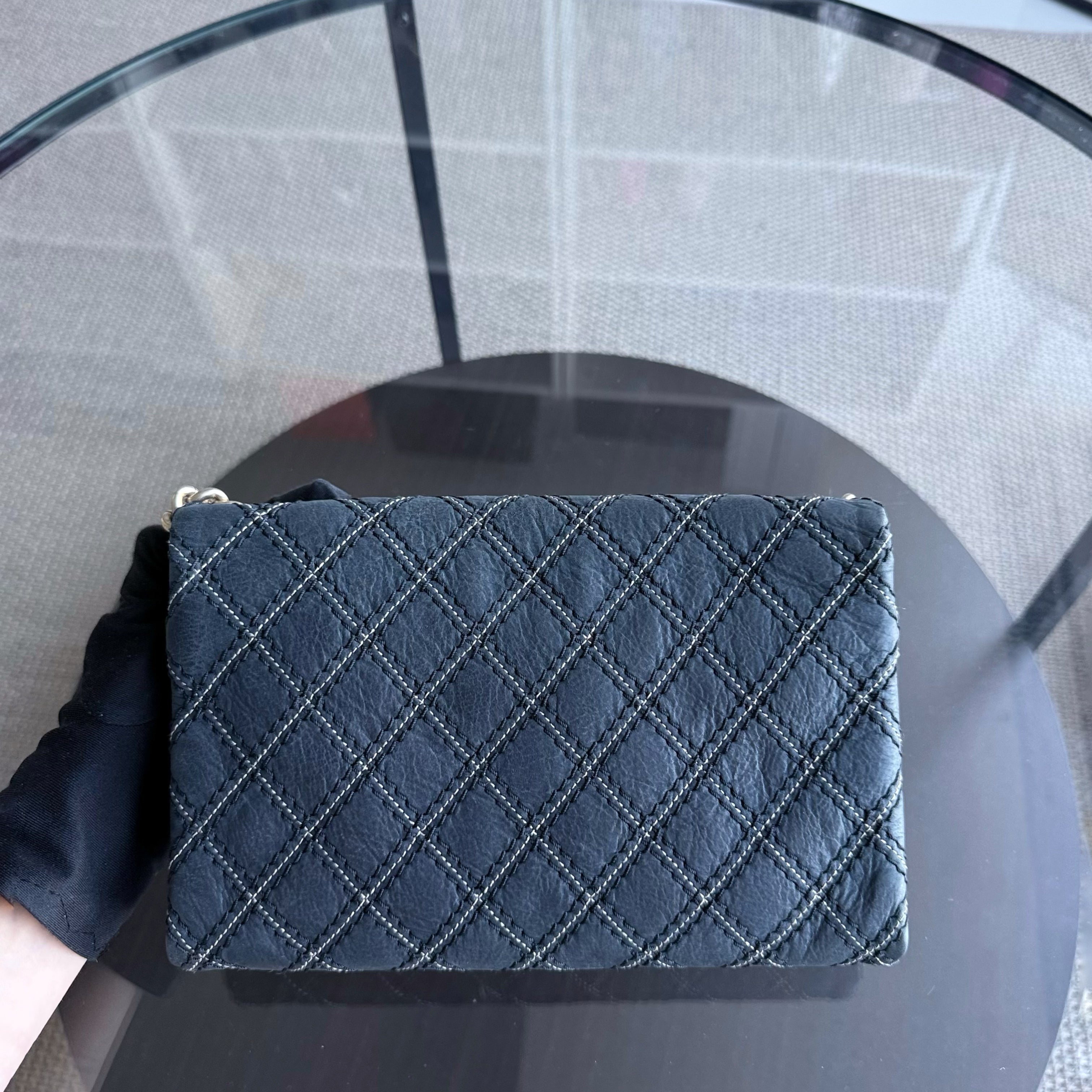 Chanel Seasonal Flap - Quilted Wild Stitch CalfskinDark Navy Blue Gold Hardware Series 19