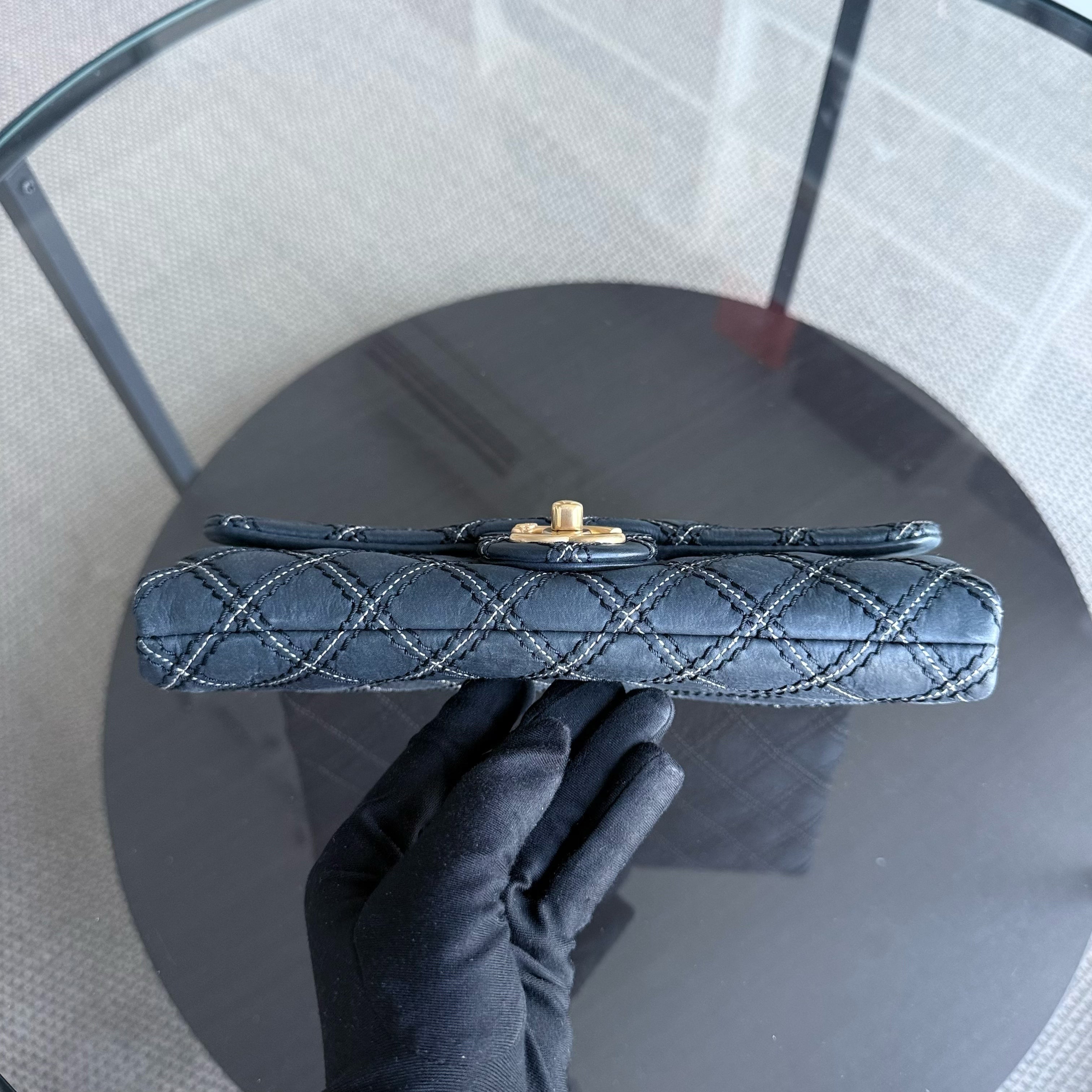 Chanel Seasonal Flap - Quilted Wild Stitch CalfskinDark Navy Blue Gold Hardware Series 19