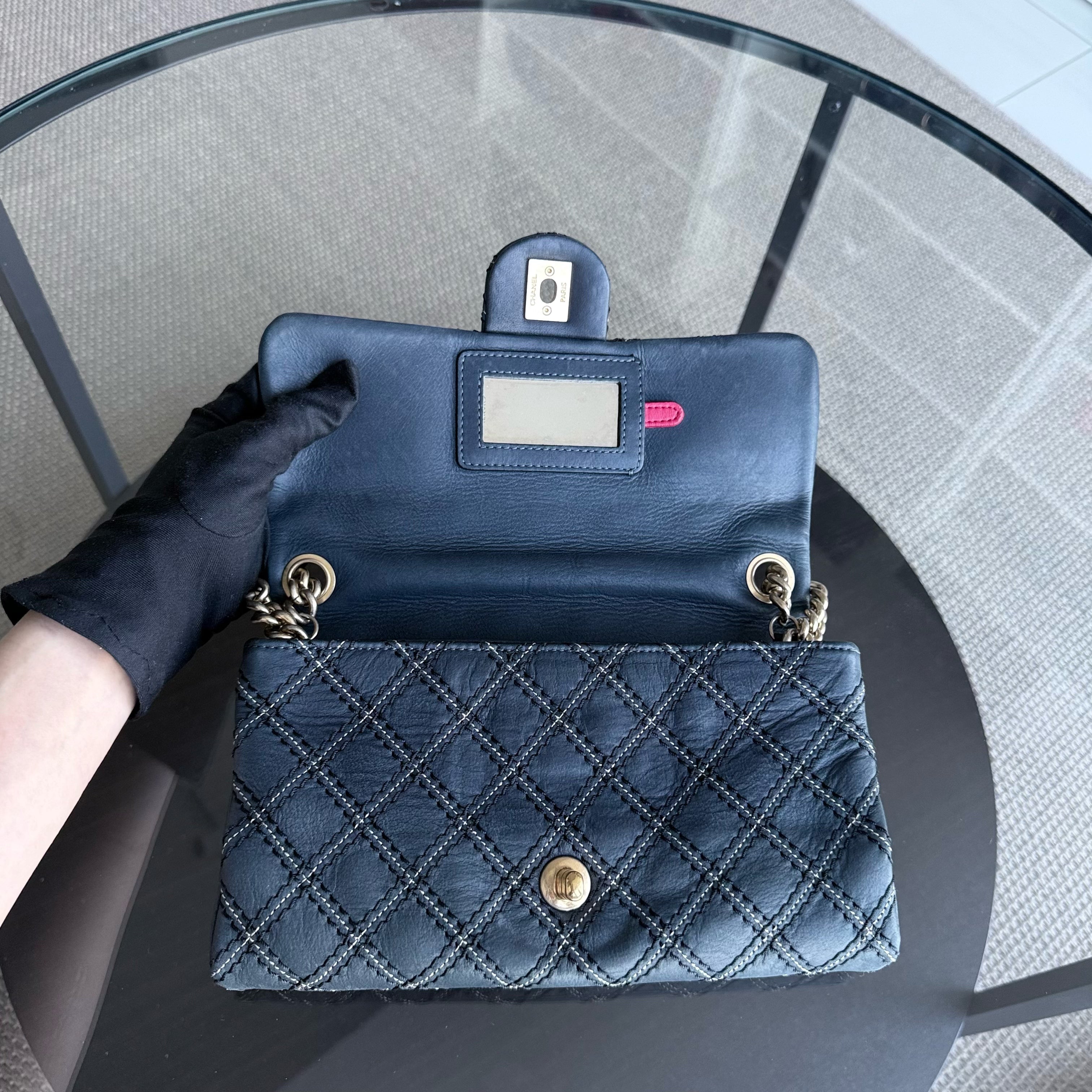 Chanel Seasonal Flap - Quilted Wild Stitch CalfskinDark Navy Blue Gold Hardware Series 19