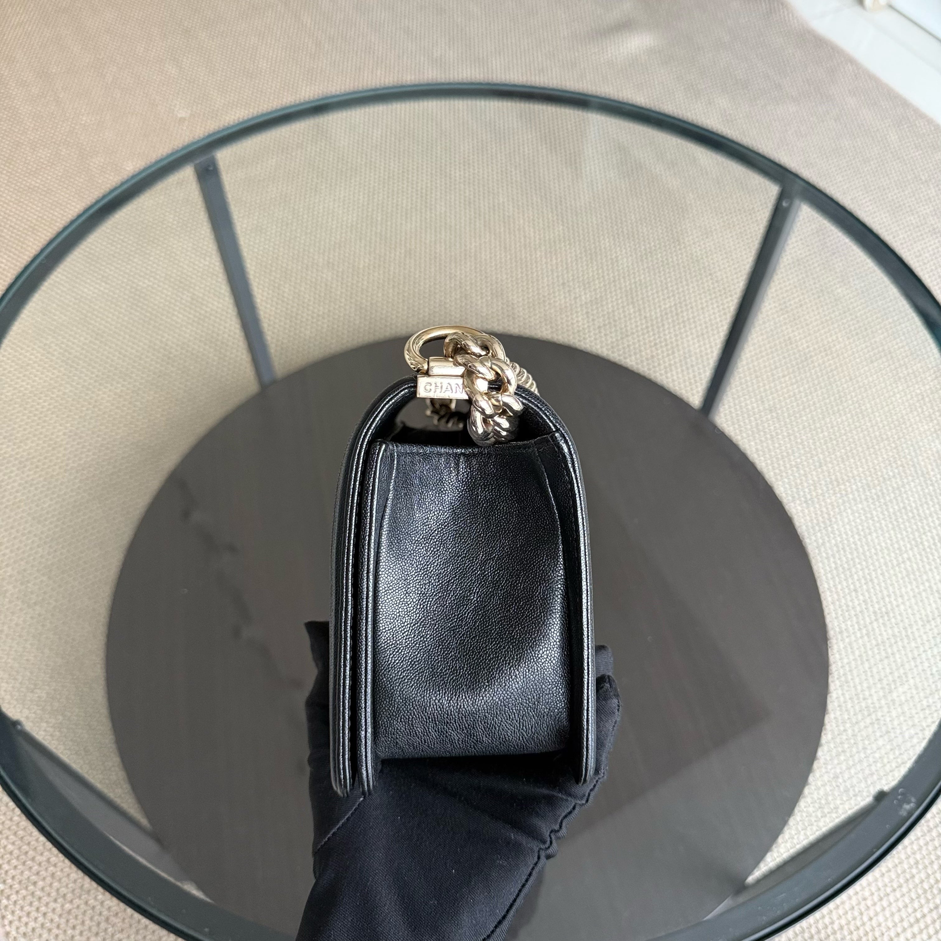 Chanel Boy Medium - Caviar 25CM Quilted Grained Calfskin Black Gold Hardware Series 28