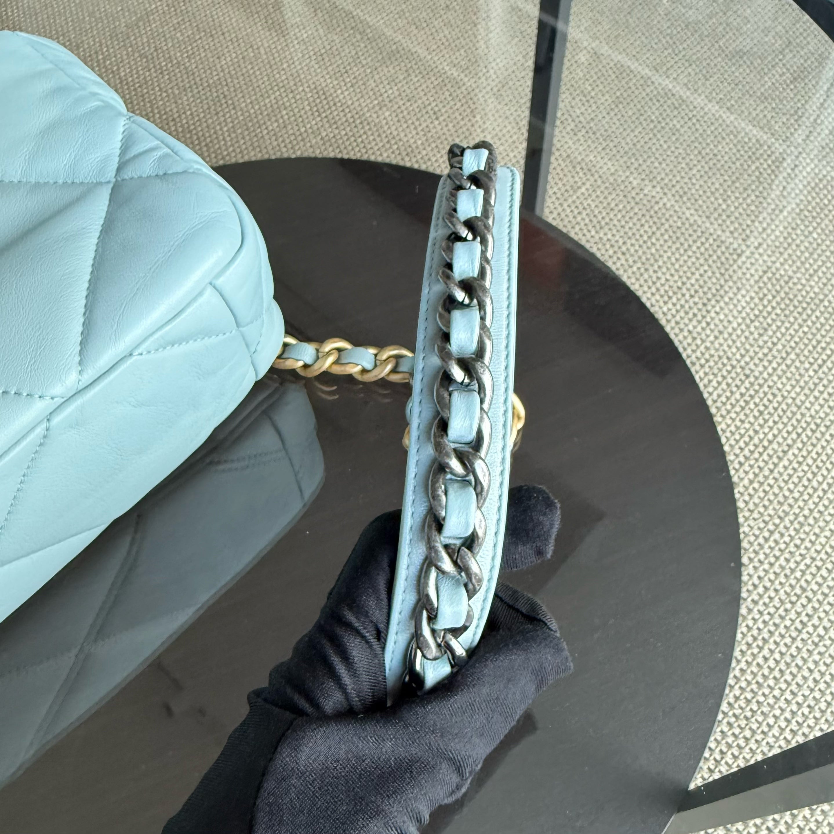 Chanel 19 Bag Small - Quilted Goatskin Light Blue Two-tone Gold Hardware Microchip