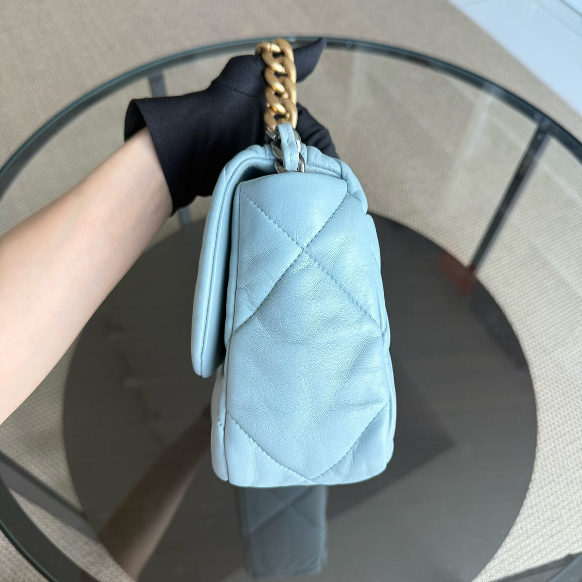 Chanel 19 Bag Small - Quilted Goatskin Light Blue Two-tone Gold Hardware Microchip