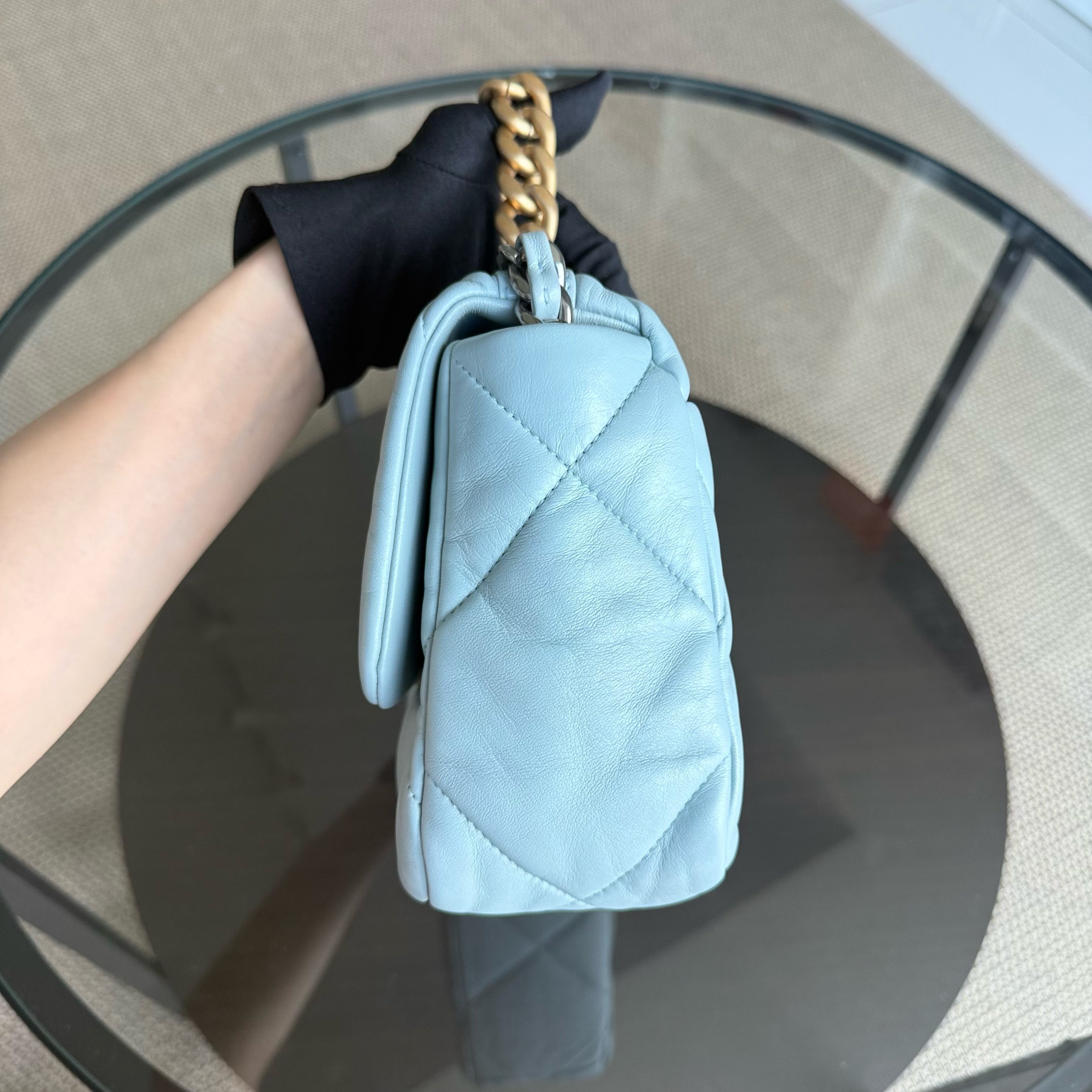 Chanel 19 Bag Small - Quilted Goatskin Light Blue Two-tone Gold Hardware Microchip