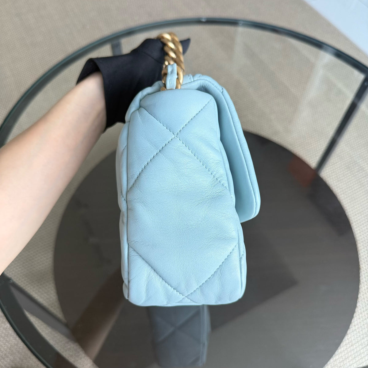 Chanel 19 Bag Small - Quilted Goatskin Light Blue Two-tone Gold Hardware Microchip