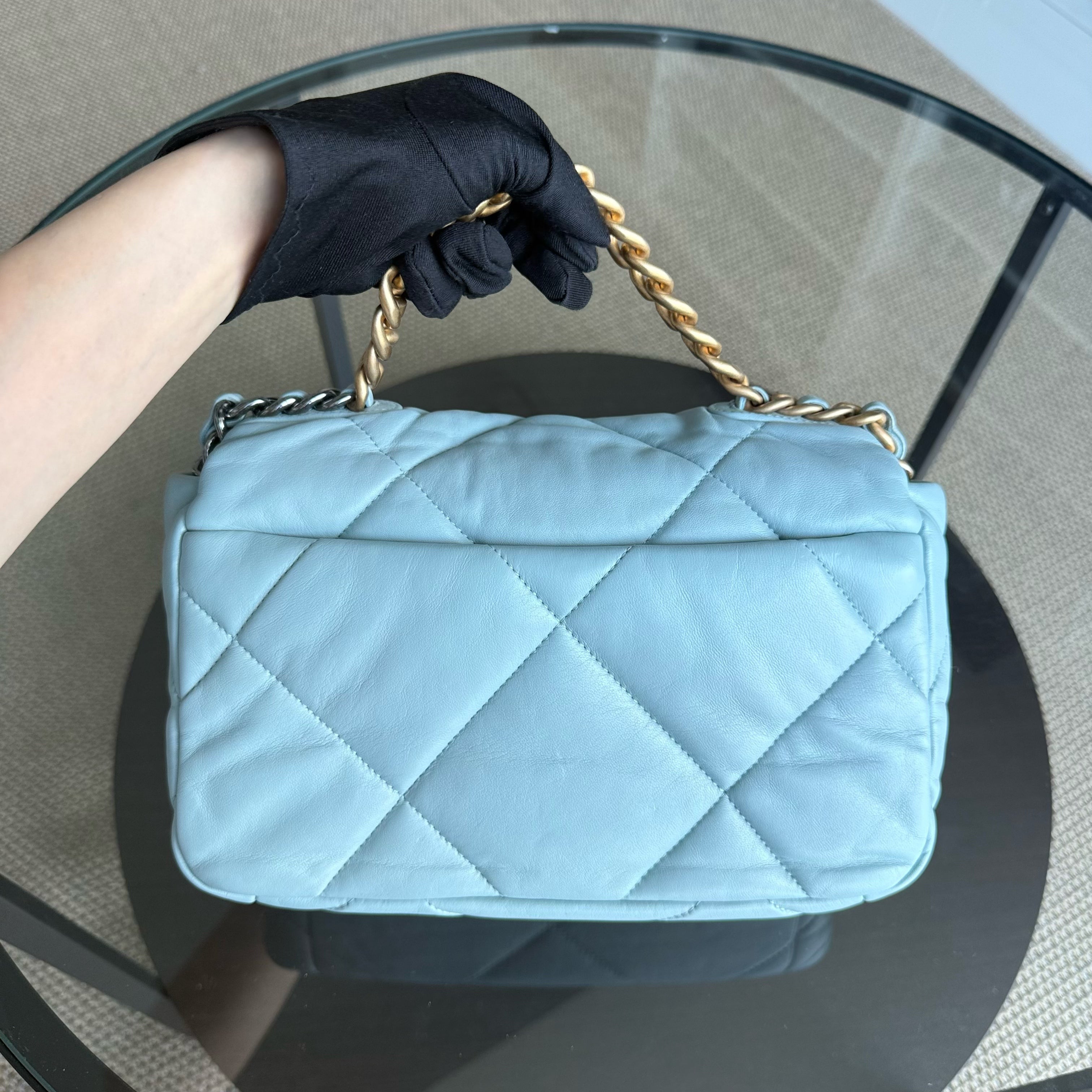 Chanel 19 Bag Small - Quilted Goatskin Light Blue Two-tone Gold Hardware Microchip