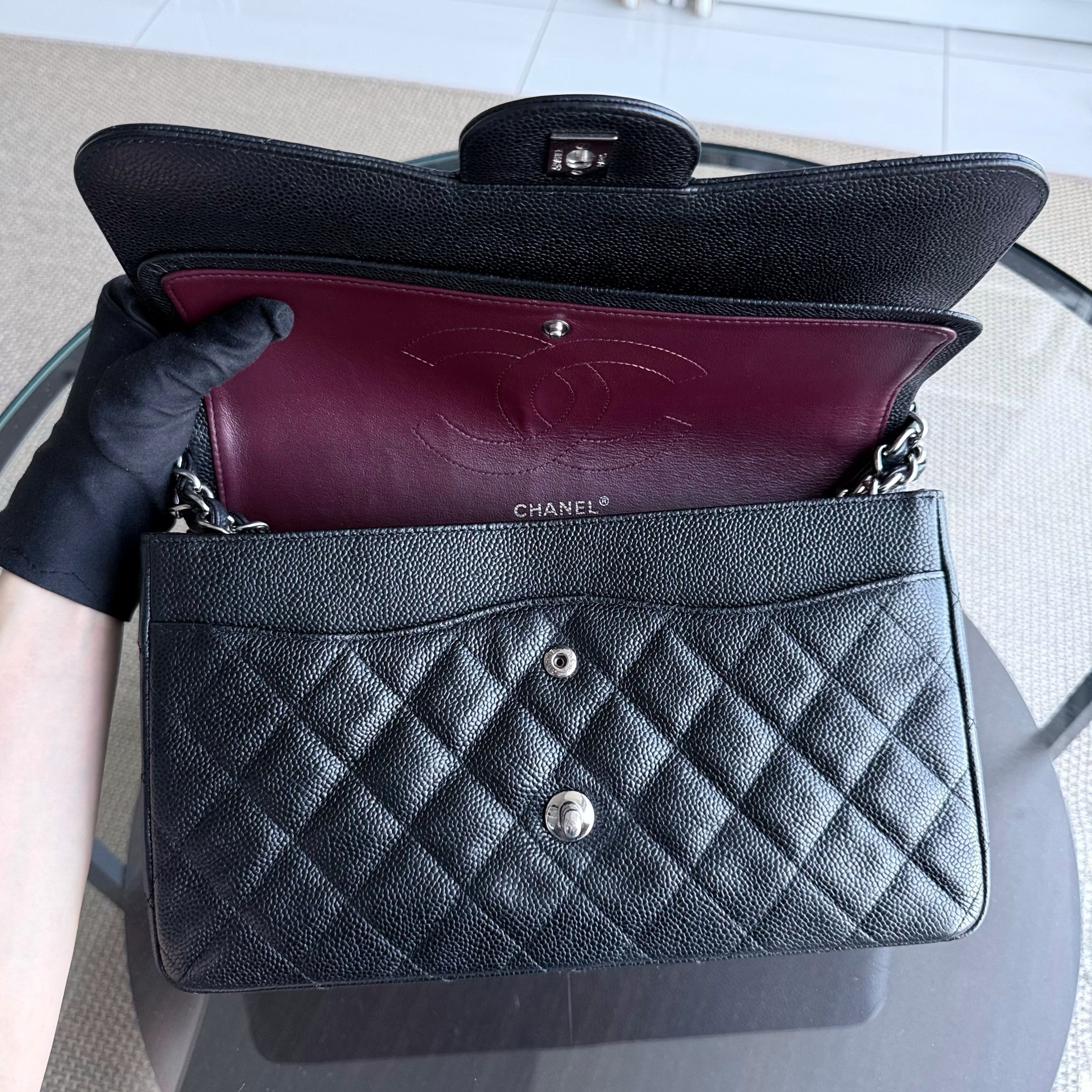 Chanel Classic Flap Jumbo - Caviar 30CM Double Flap Quilted Grained Calfskin Black Silver Hardware Series 19