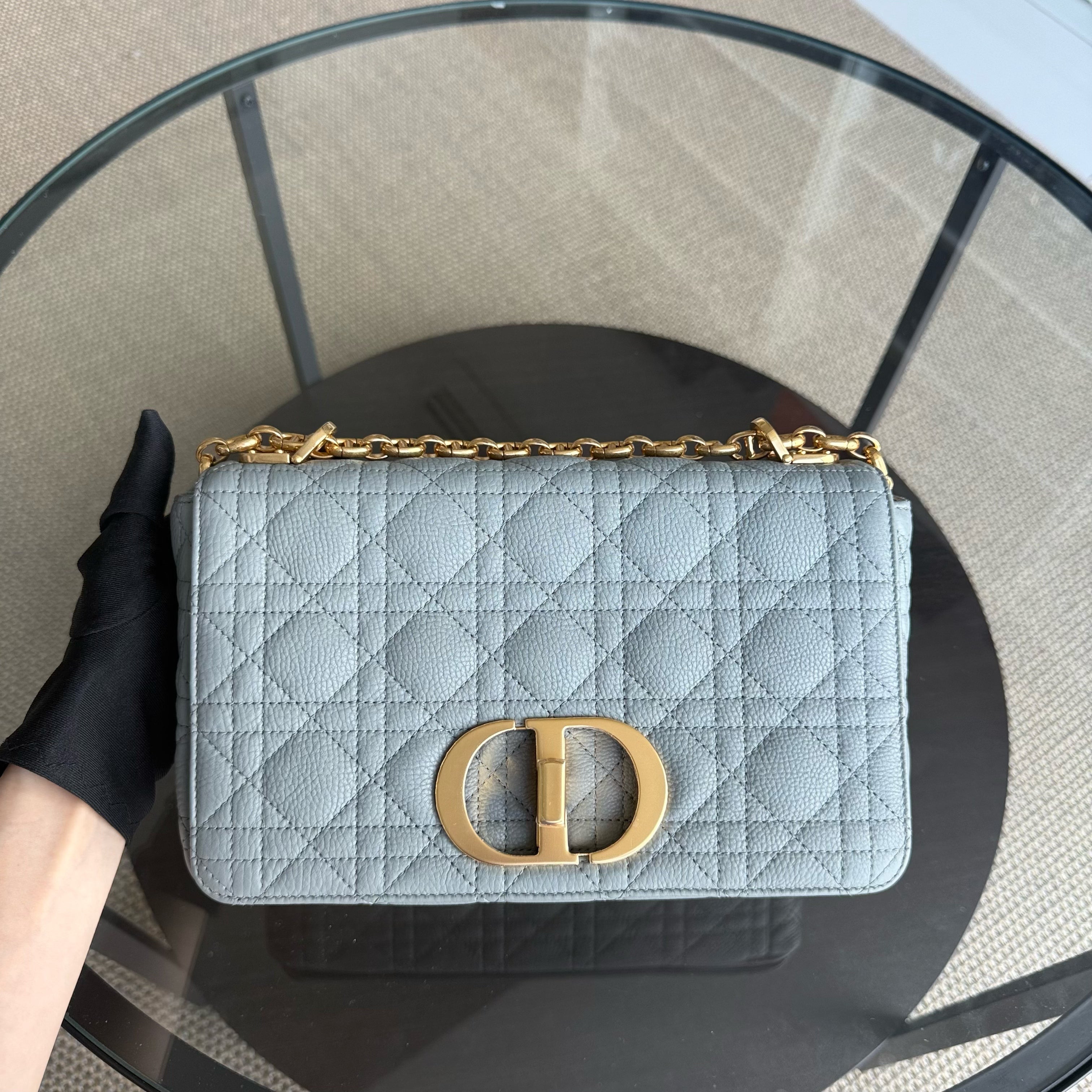 Dior Caro Medium - Cannage Grained Calfskin Grey Gray Gold Hardware