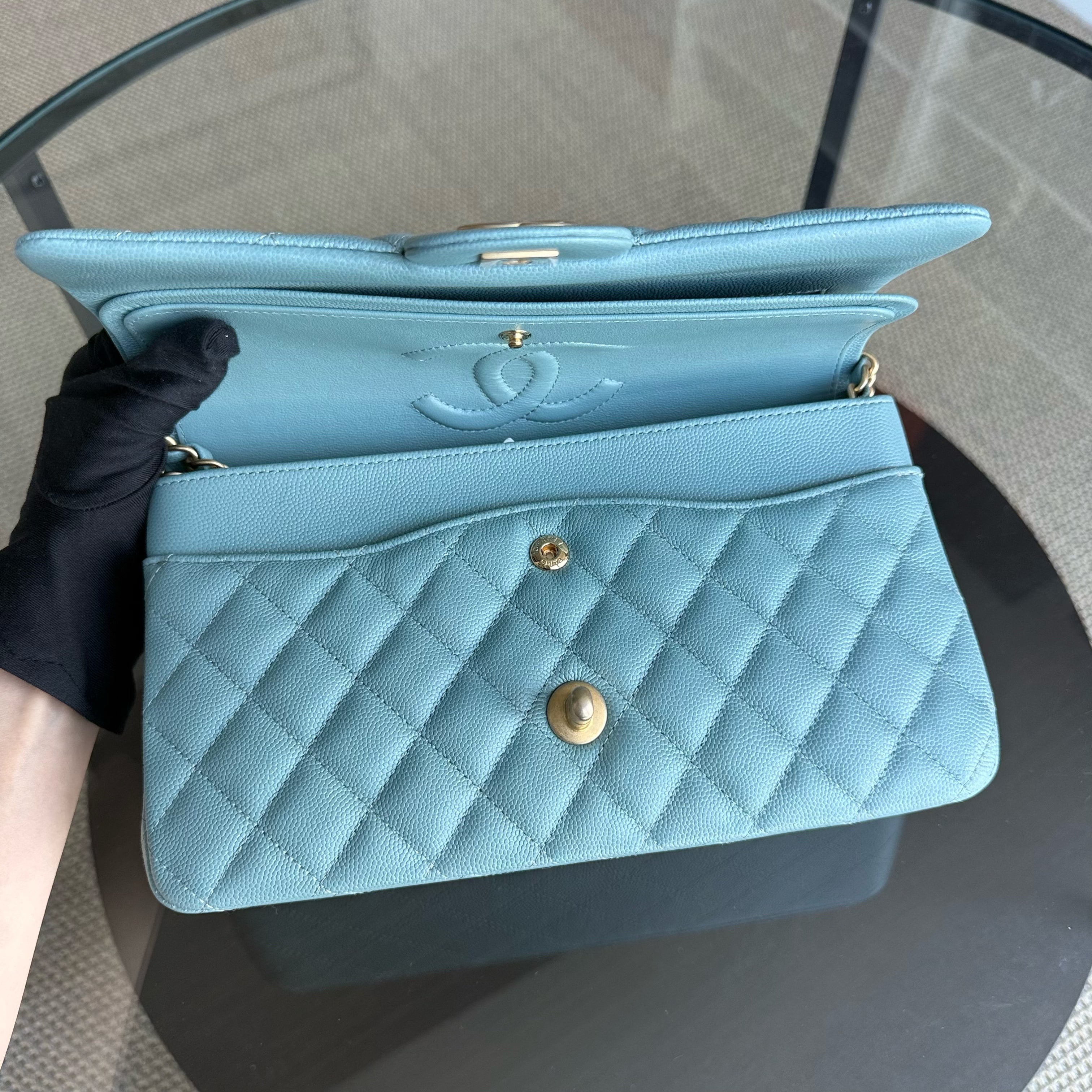 Chanel Classic Flap Medium - Caviar 25CM Quilted Grained Calfskin Light Blue Gold Hardware Series 25