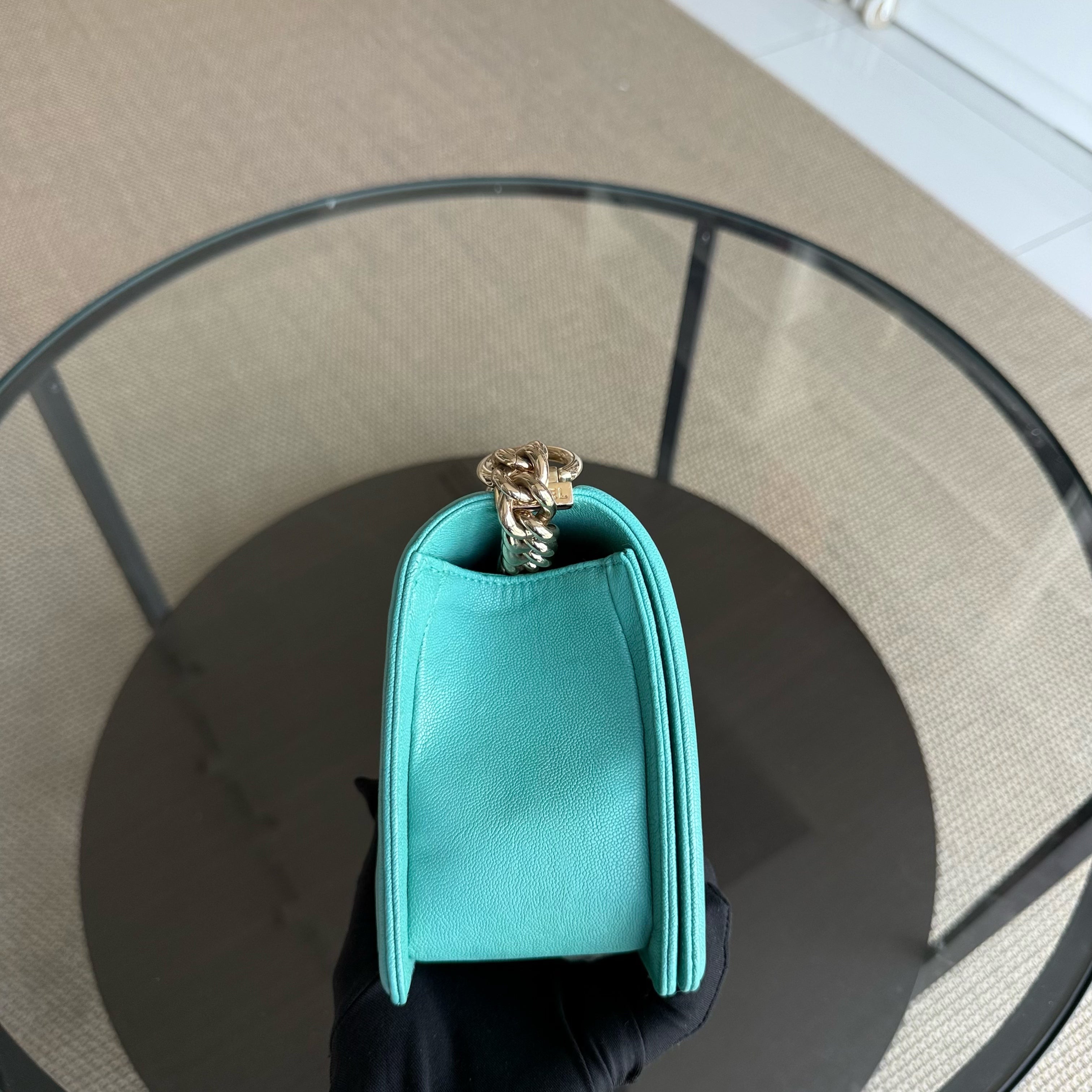 Chanel Boy Medium - 25CM Chevron Cyan Blue Gold Hardware Series 27