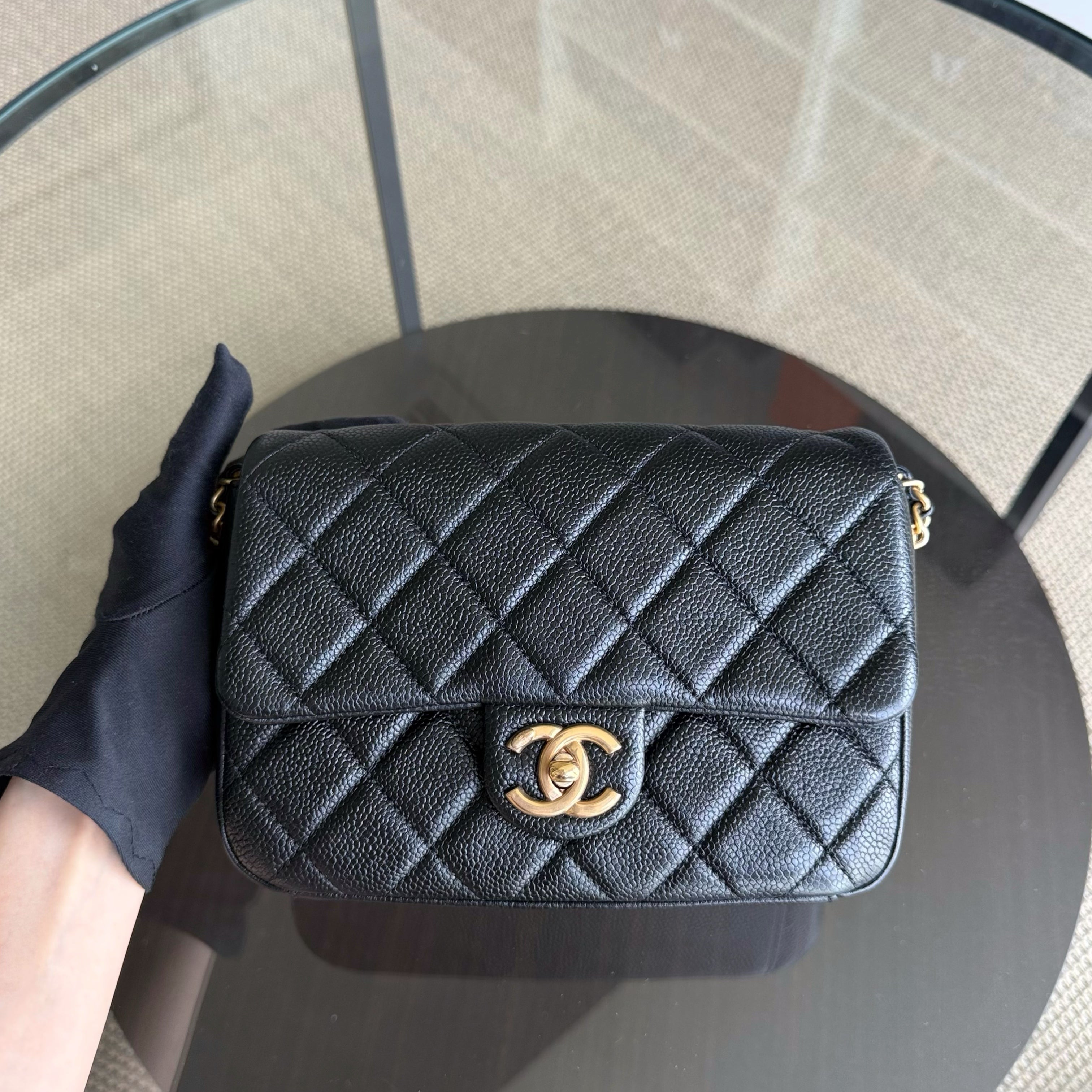 Chanel Seasonal Flap Bag - Caviar Quilted Medallion Soul Black Caviar Gold Hardware Microchip