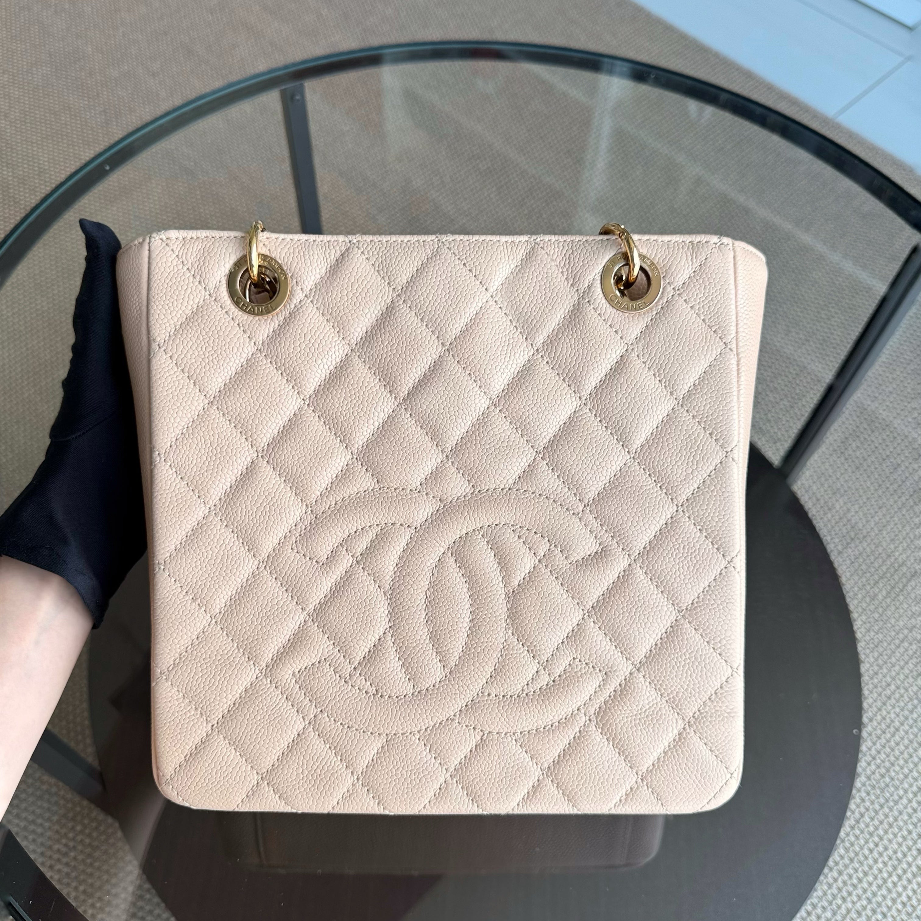 Chanel PST Petite Shopping Tote - Caviar Quilted Grained Calfskin Light Beige Gold Hardware Series 15