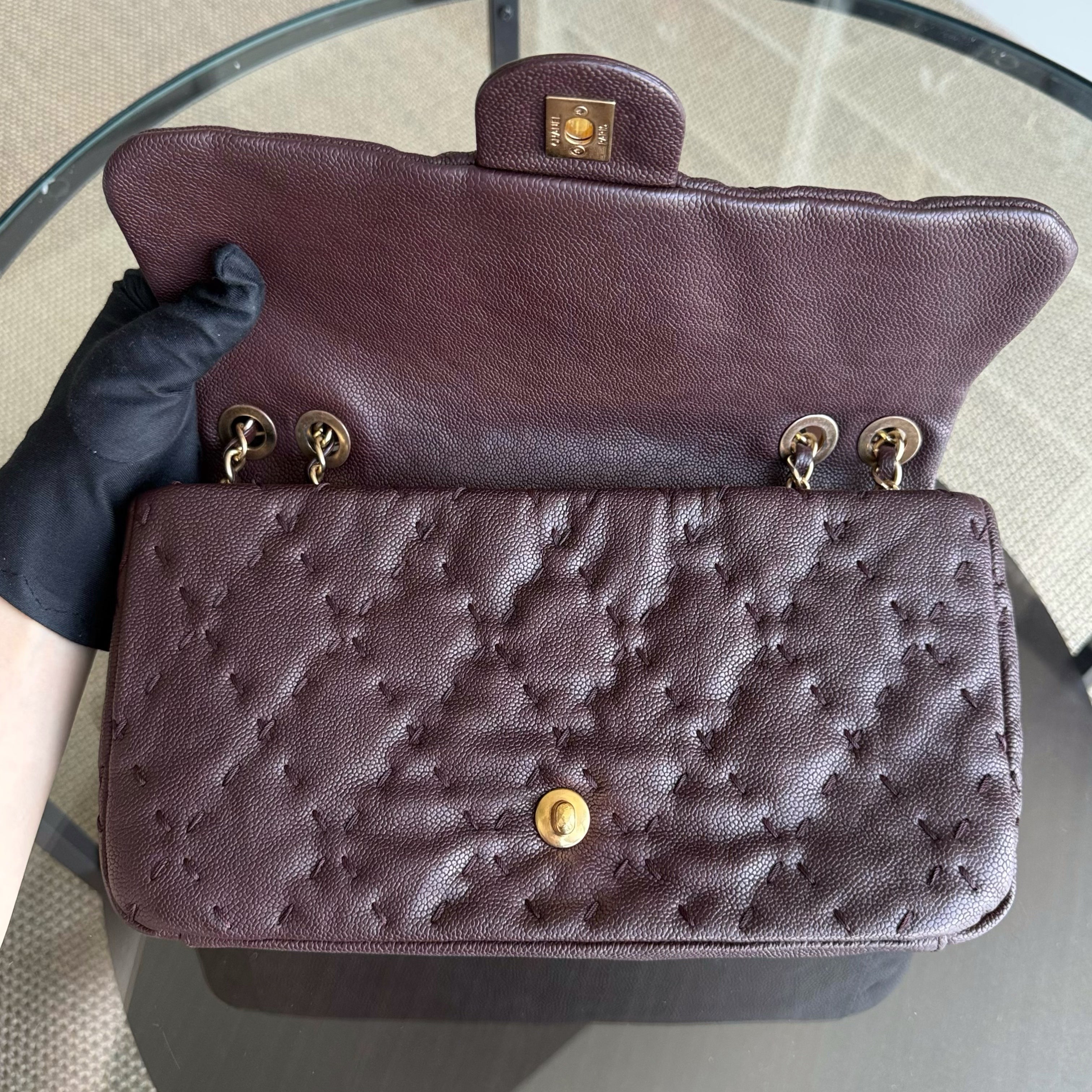 Chanel Seasonal Flap Wild Stitches - Caviar Quilted Grained Calfskin Dark Brown Gold Hardware Series 15