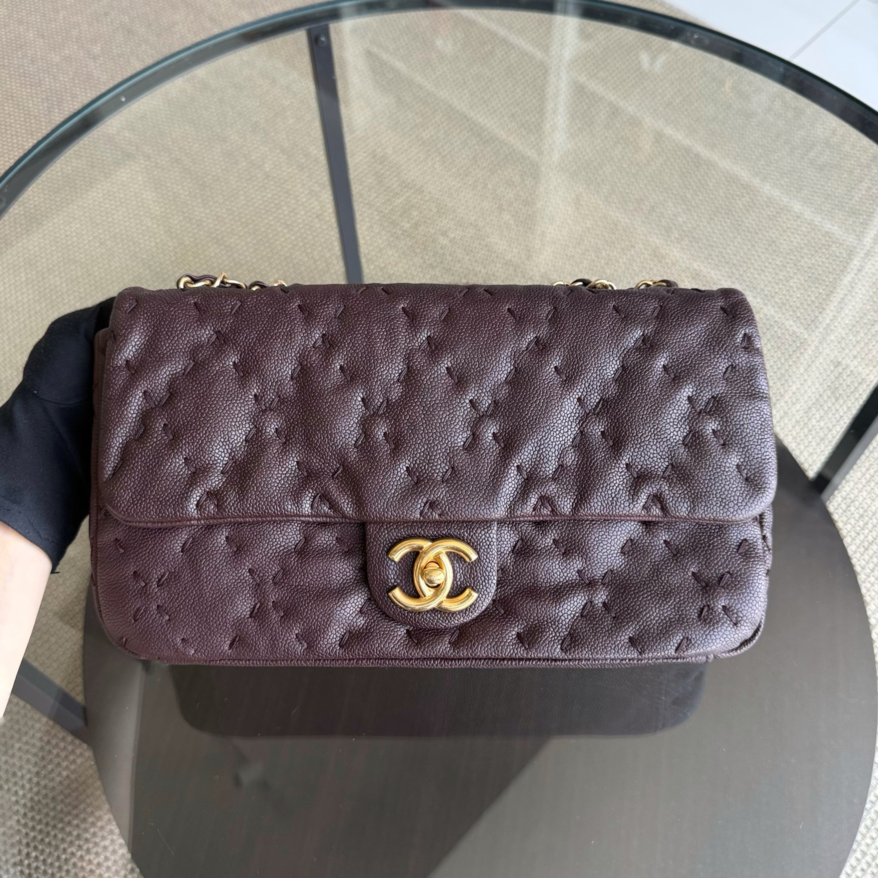 Chanel Seasonal Flap Wild Stitches - Caviar Quilted Grained Calfskin Dark Brown Gold Hardware Series 15