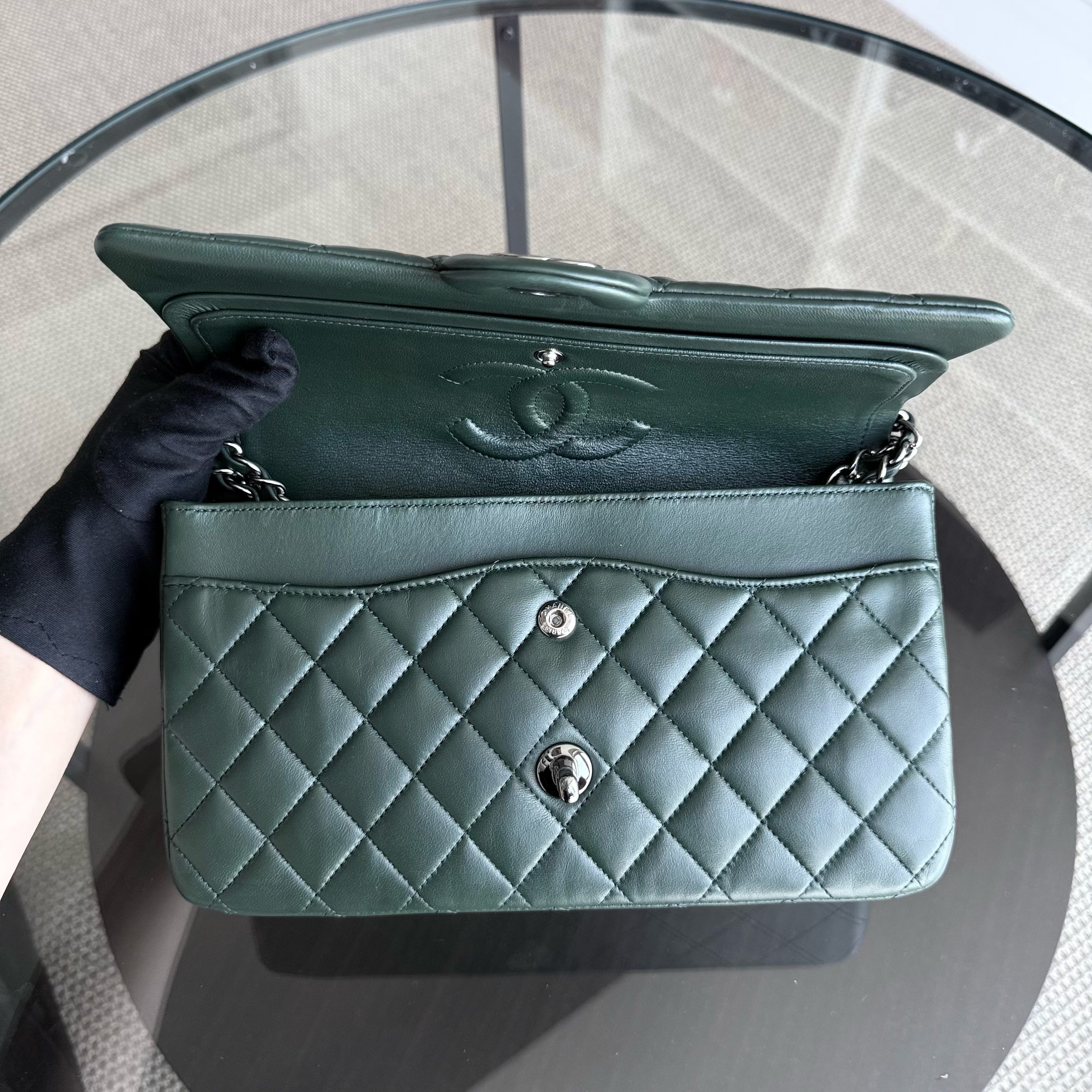 Chanel Classic Flap Medium - 25CM Quilted Lambskin Dark Green Silver Hardware Series 23