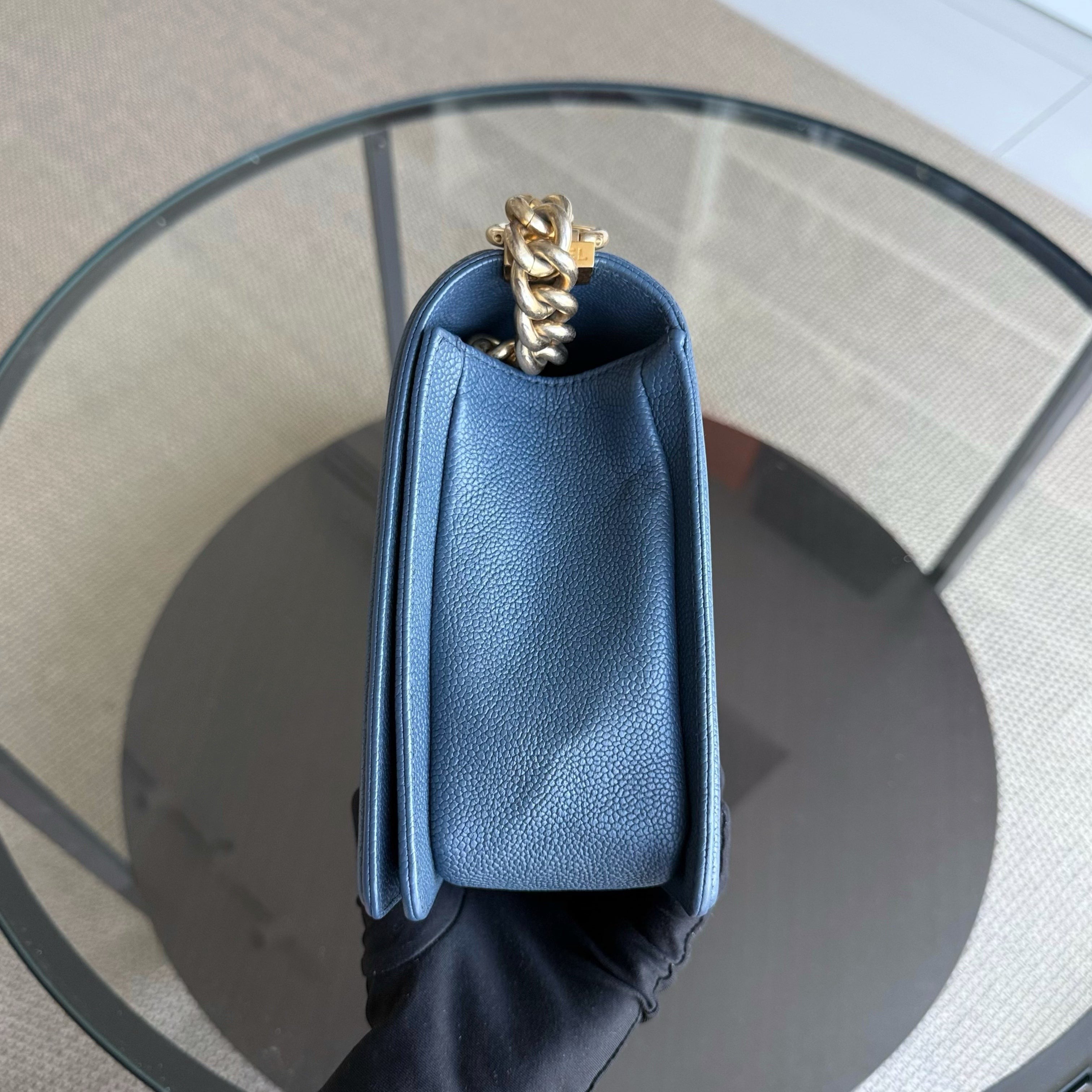 Chanel Boy New Medium - Caviar 28CM Quilted Grained Calfskin Blue Gold Hardware Series 23