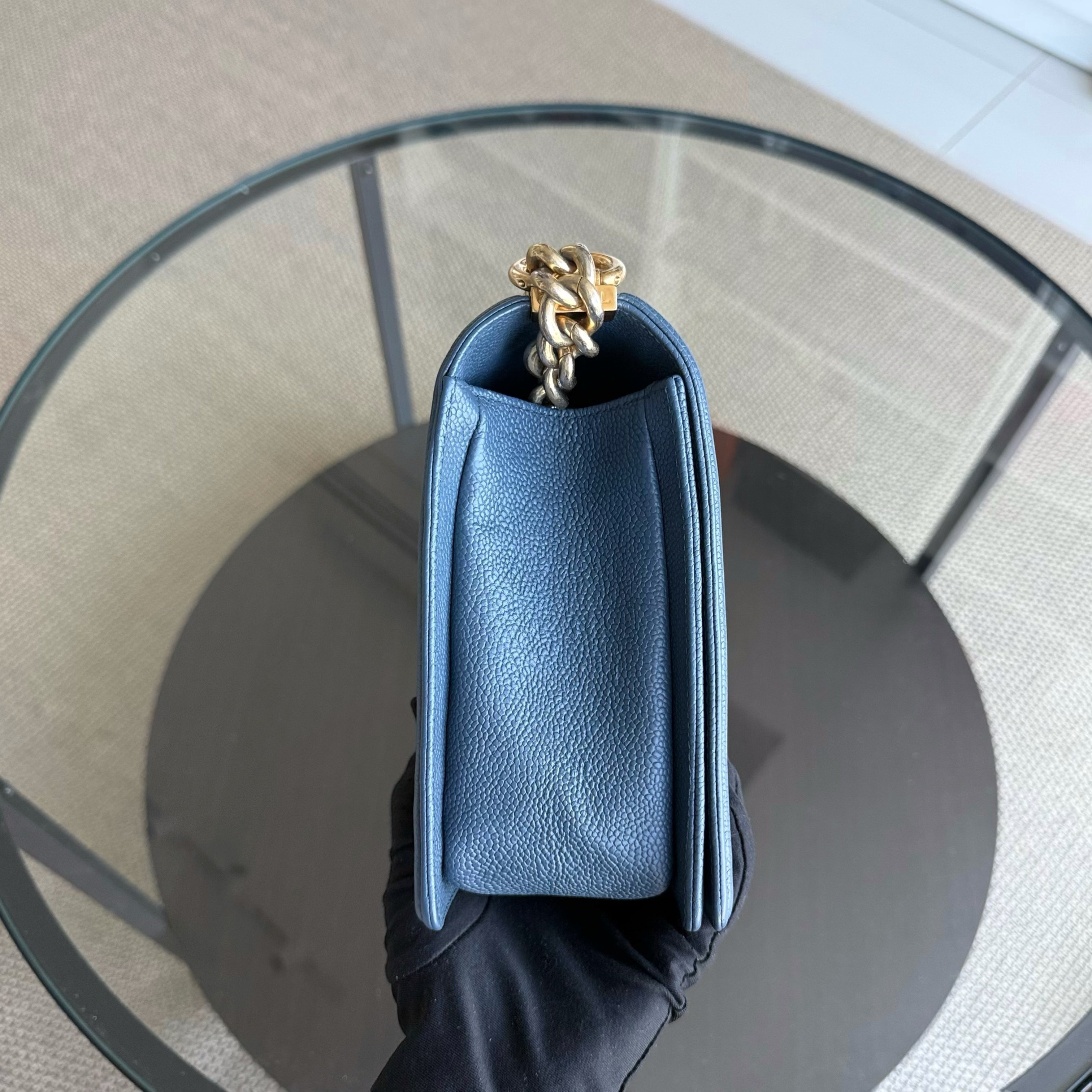 Chanel Boy New Medium - Caviar 28CM Quilted Grained Calfskin Blue Gold Hardware Series 23