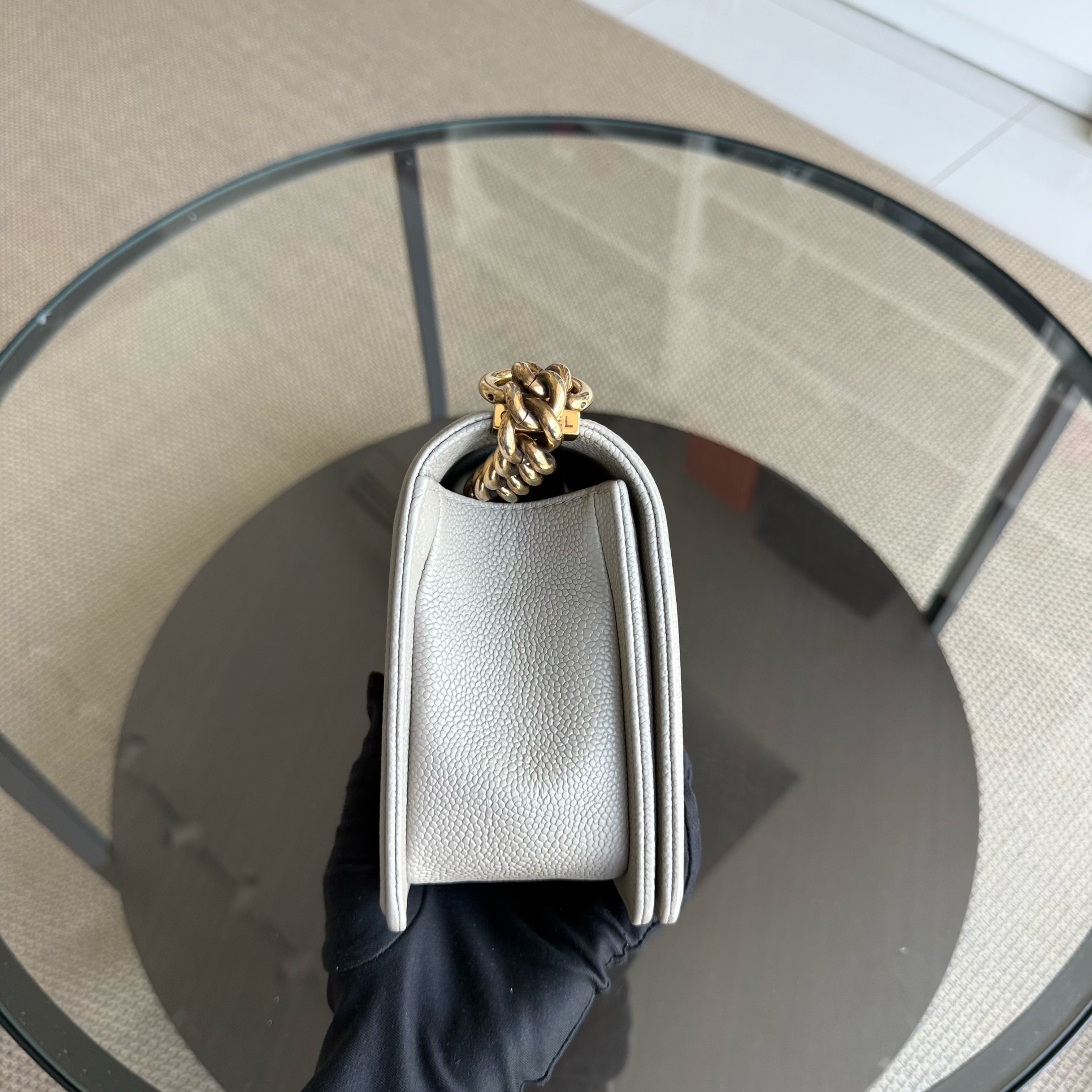 Chanel Boy Medium - Caviar 25CM Quilted Grained Calfskin Grey Gray Gold Hardware Series  20