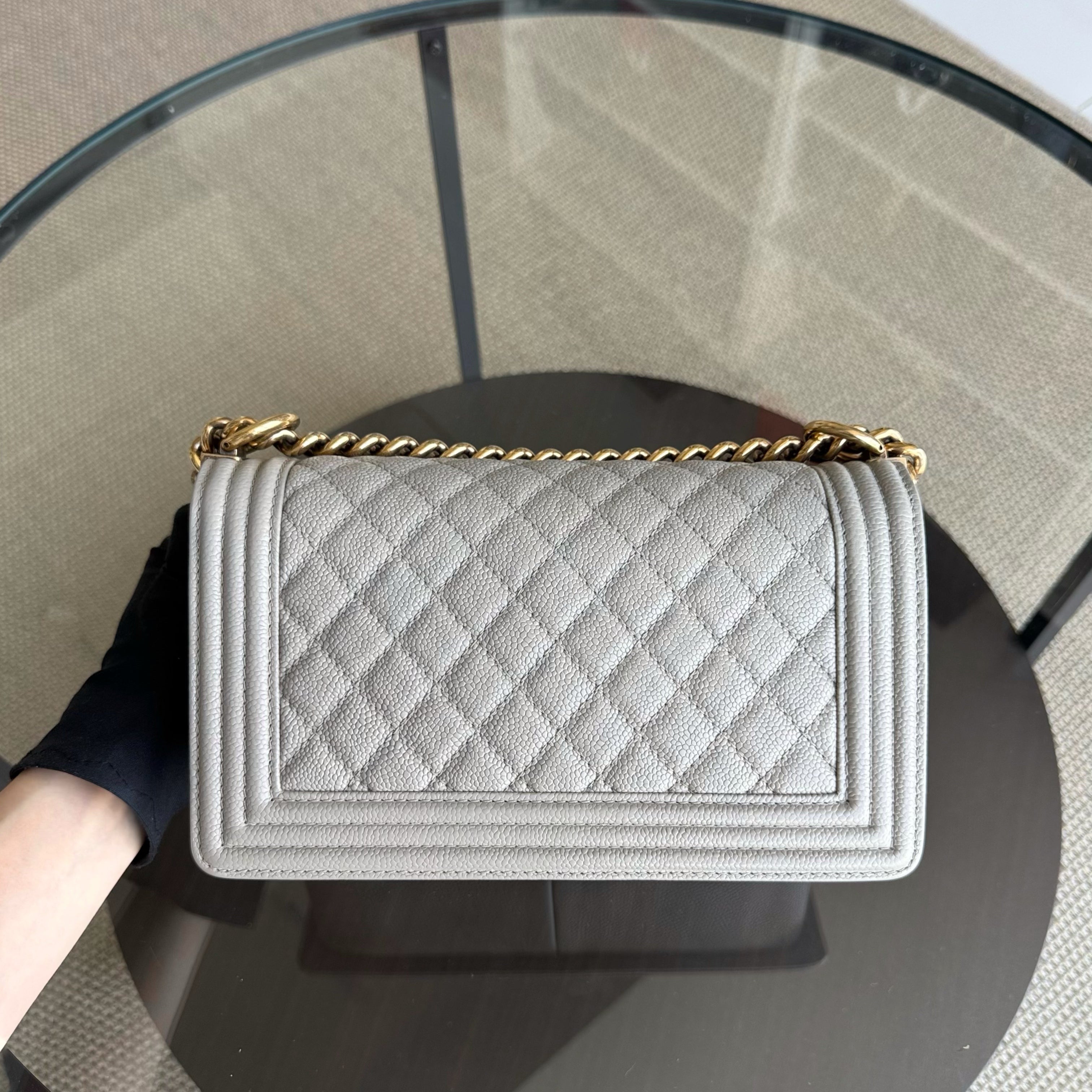Chanel Boy Medium - Caviar 25CM Quilted Grained Calfskin Grey Gray Gold Hardware Series  20