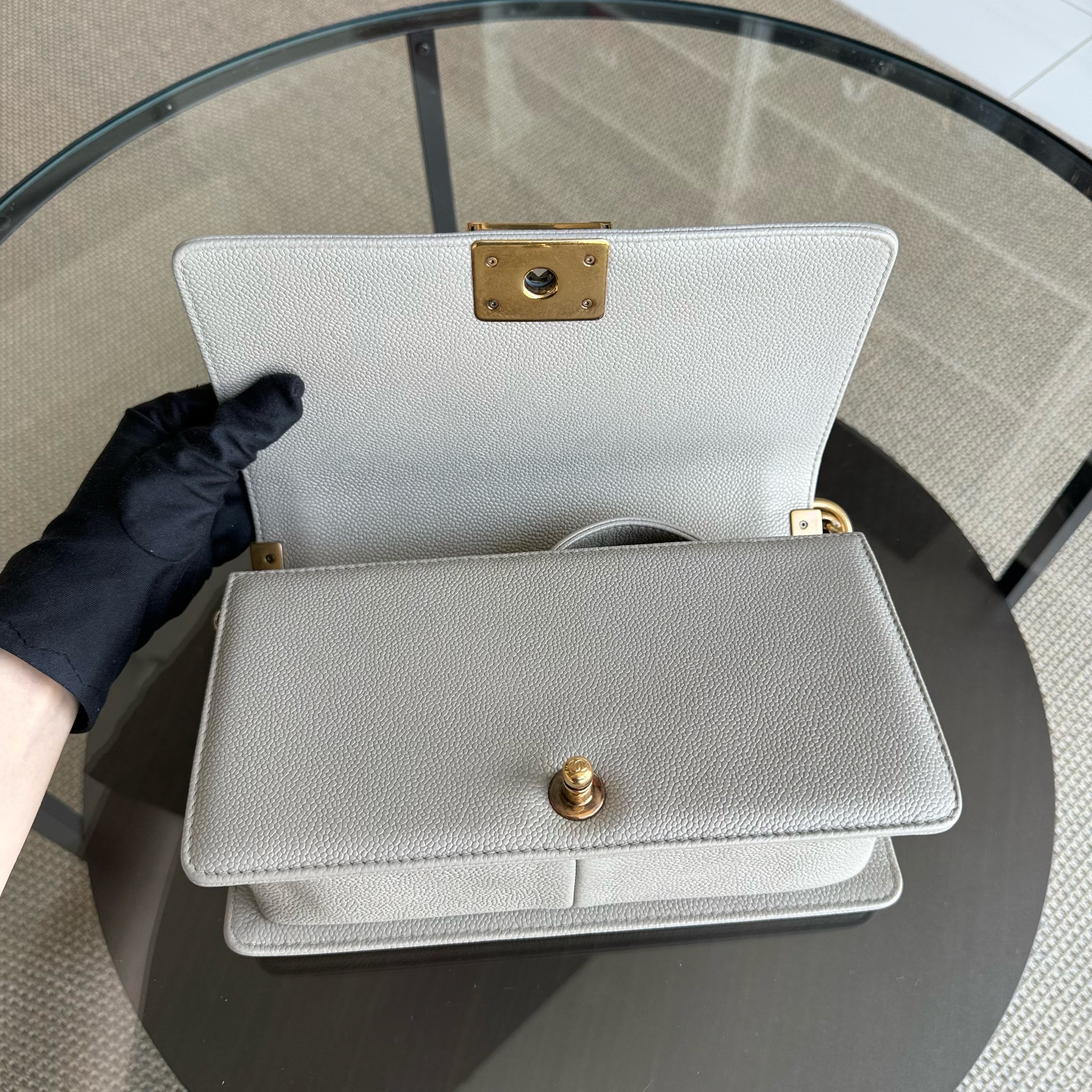 Chanel Boy Medium - Caviar 25CM Quilted Grained Calfskin Grey Gray Gold Hardware Series  20