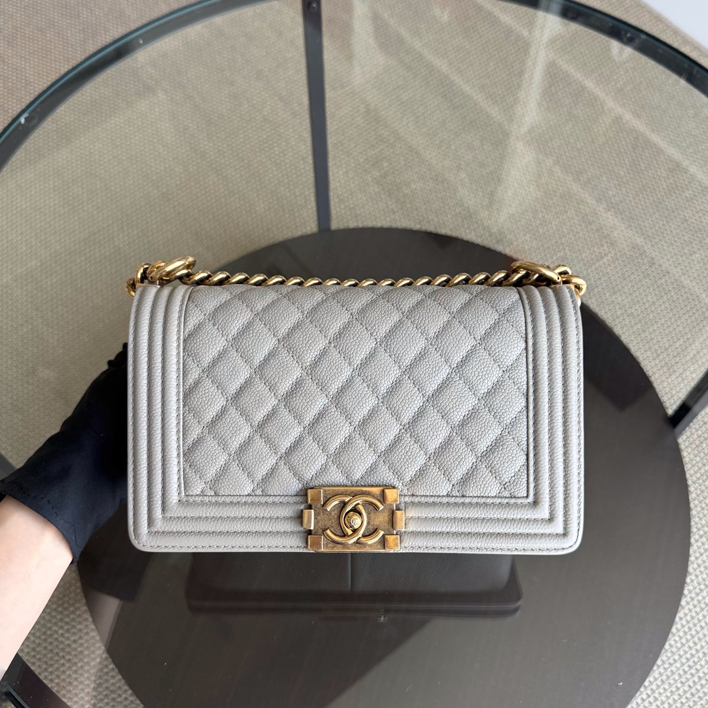 Chanel Boy Medium - Caviar 25CM Quilted Grained Calfskin Grey Gray Gold Hardware Series  20