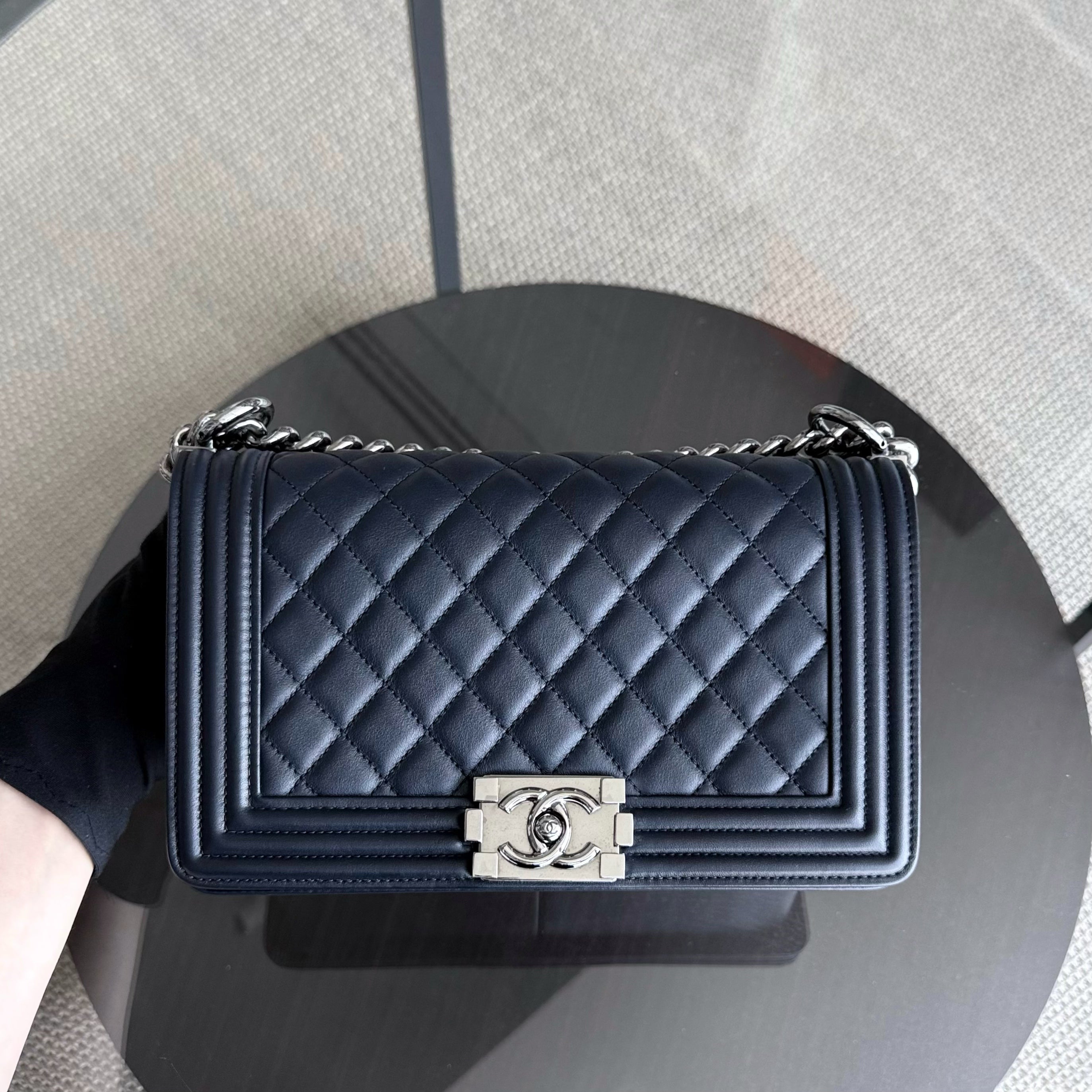 Chanel Boy Medium - 25CM Quilted Lambskin Dark Midnight Blue Silver Hardware Series  20