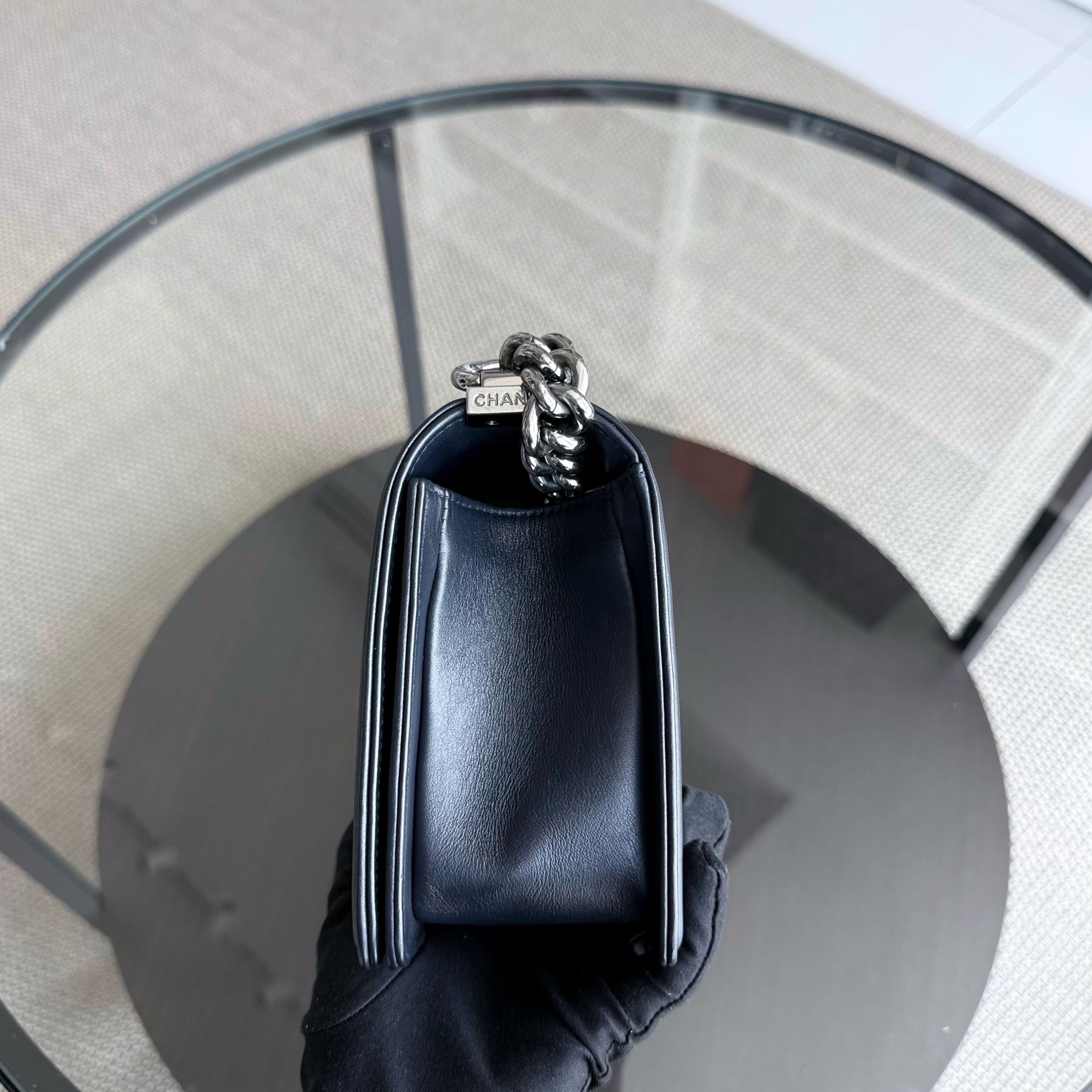 Chanel Boy Medium - 25CM Quilted Lambskin Dark Midnight Blue Silver Hardware Series  20