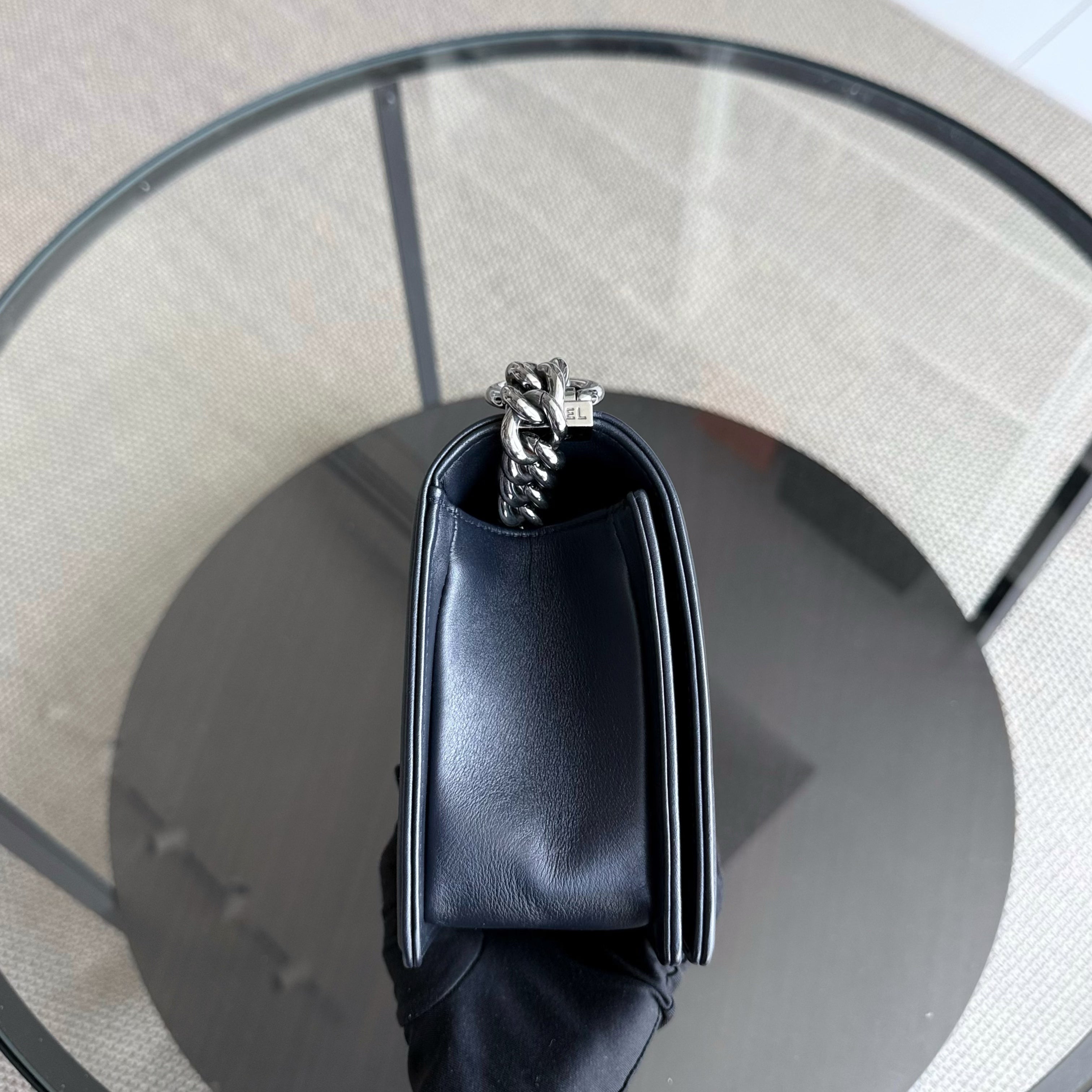 Chanel Boy Medium - 25CM Quilted Lambskin Dark Midnight Blue Silver Hardware Series  20