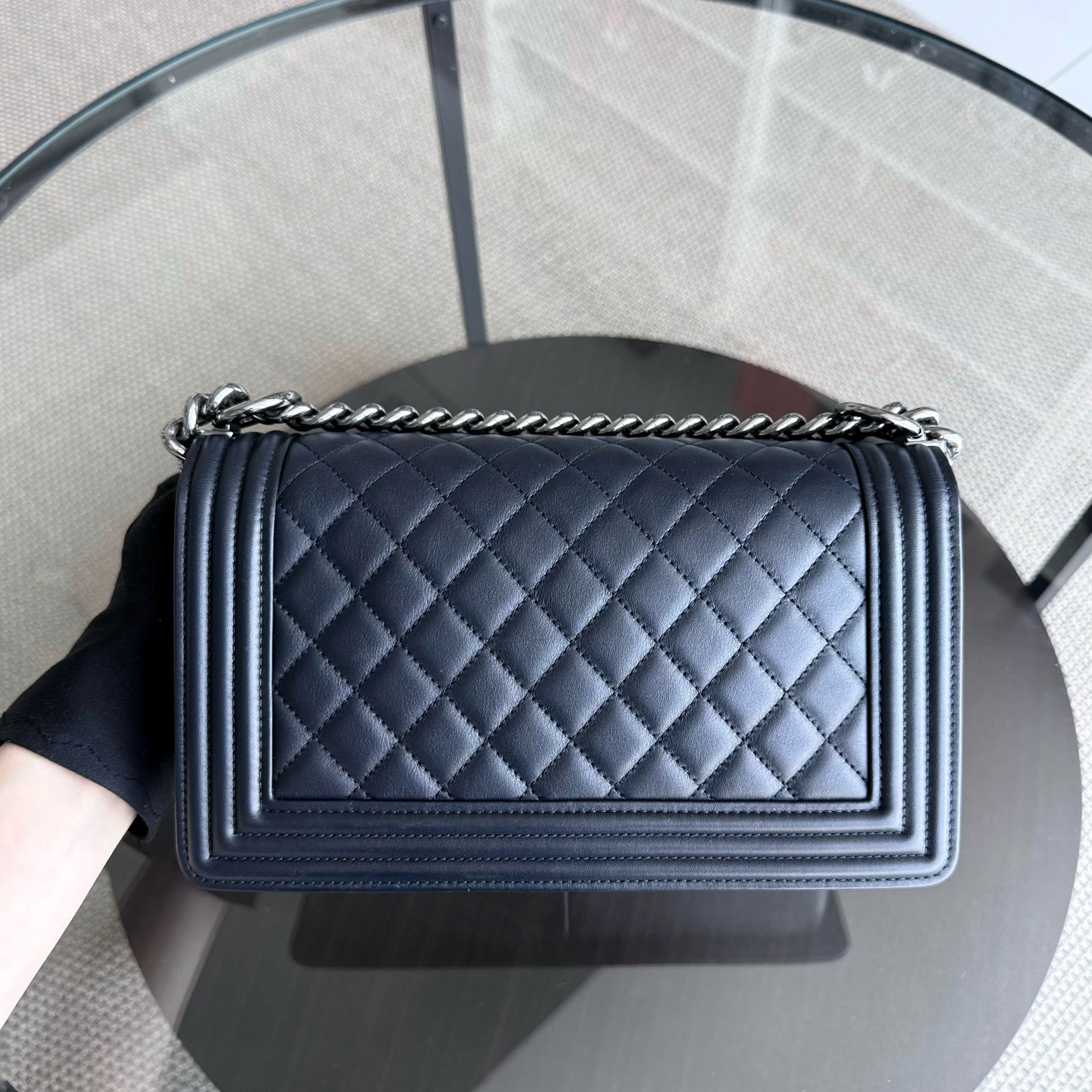 Chanel Boy Medium - 25CM Quilted Lambskin Dark Midnight Blue Silver Hardware Series  20