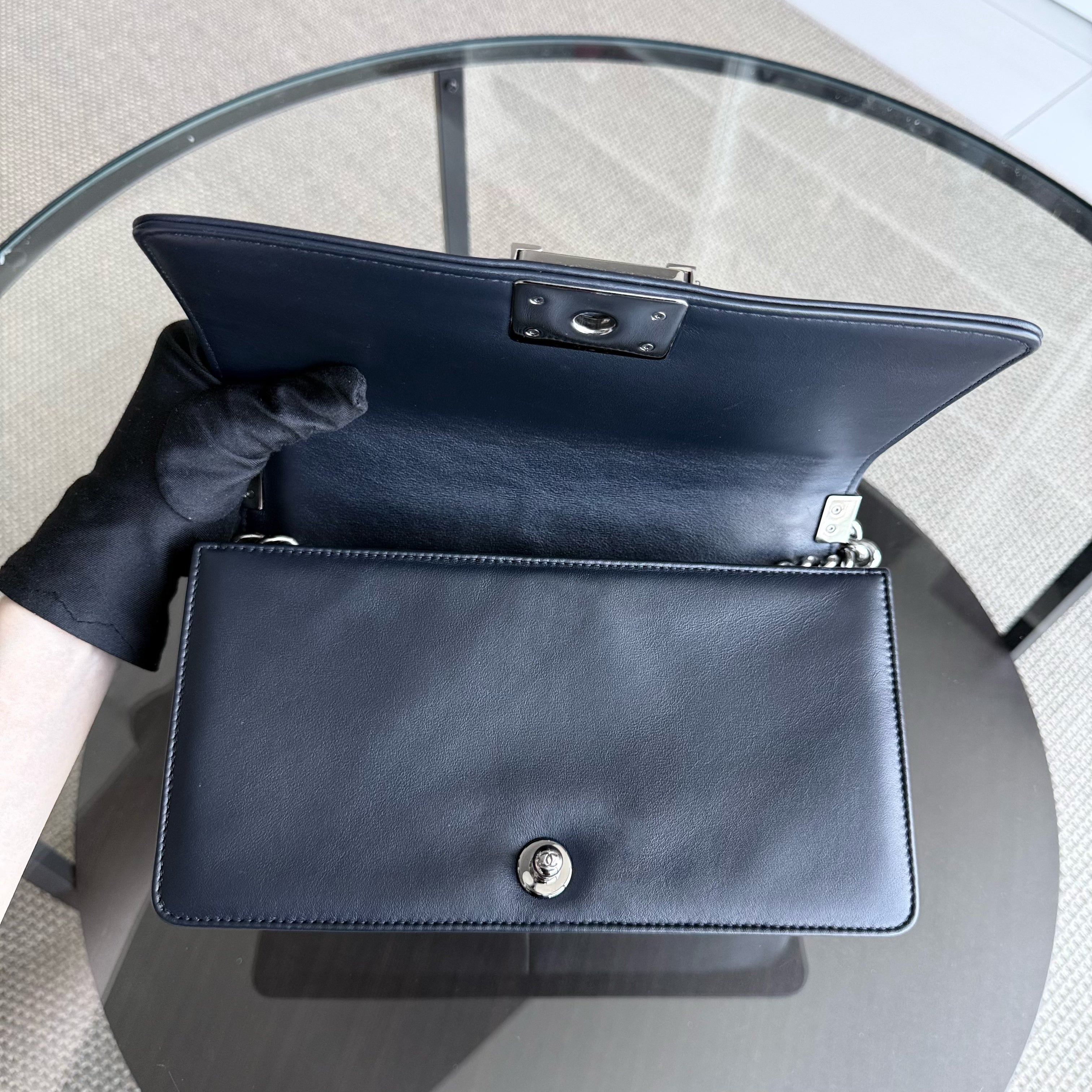 Chanel Boy Medium - 25CM Quilted Lambskin Dark Midnight Blue Silver Hardware Series  20