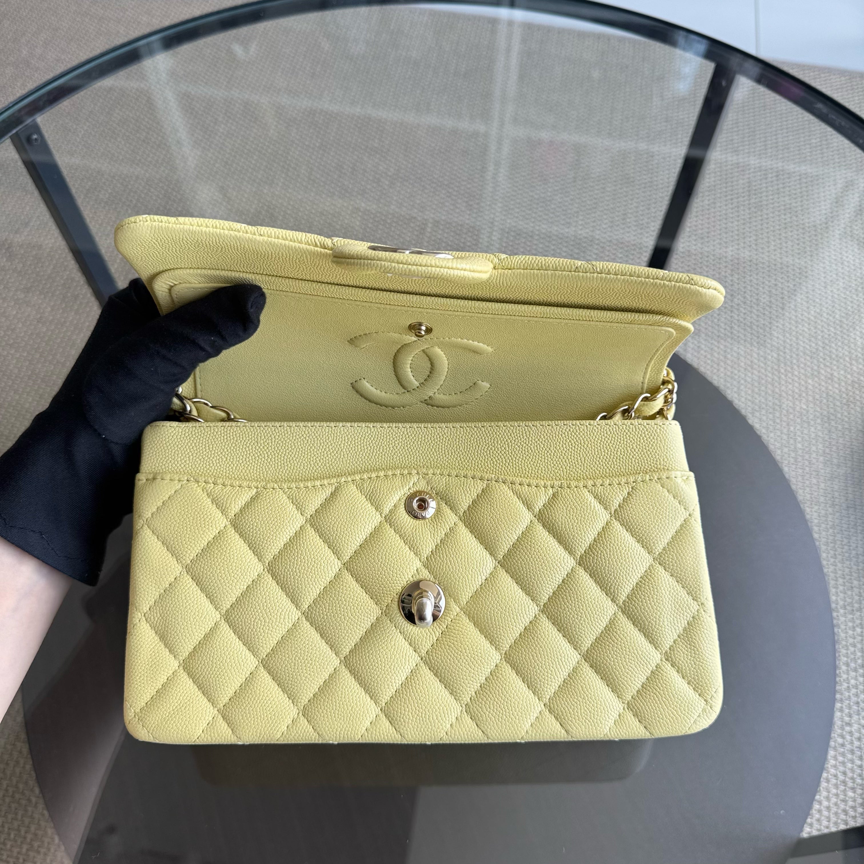 Chanel Classic Flap Small - Caviar 23CM Quilted Grained Calfskin Yellow Silver Hardware Series 30