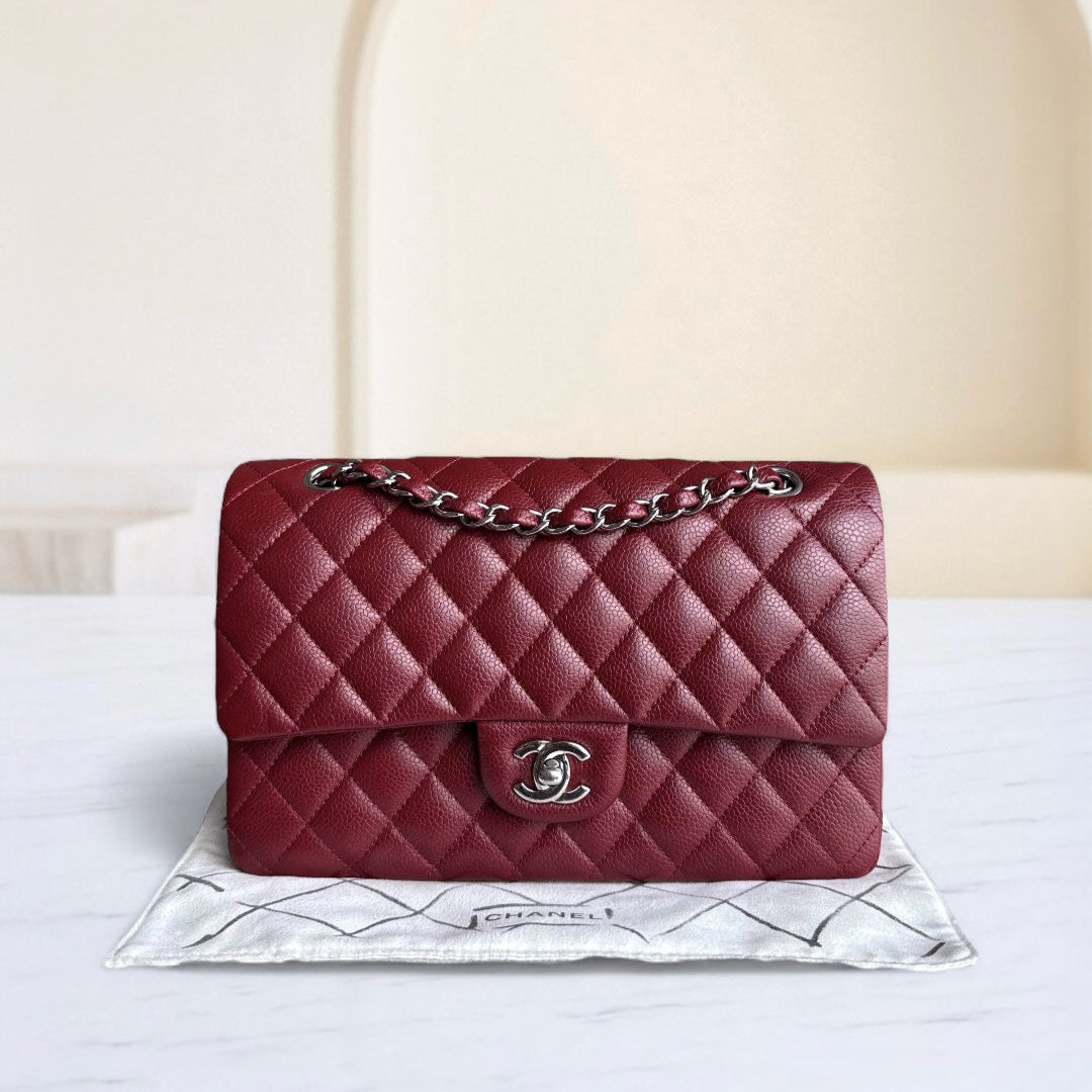 Chanel Classic Flap Medium - Caviar 25CM Quilted Grained Calfskin Burgundy Dark Red Silver Hardware Series 18