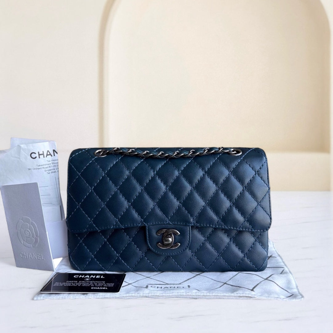 Chanel Classic Flap Medium - Caviar 25CM Quilted Grained Calfskin Dark Blue Silver Hardware Series 23