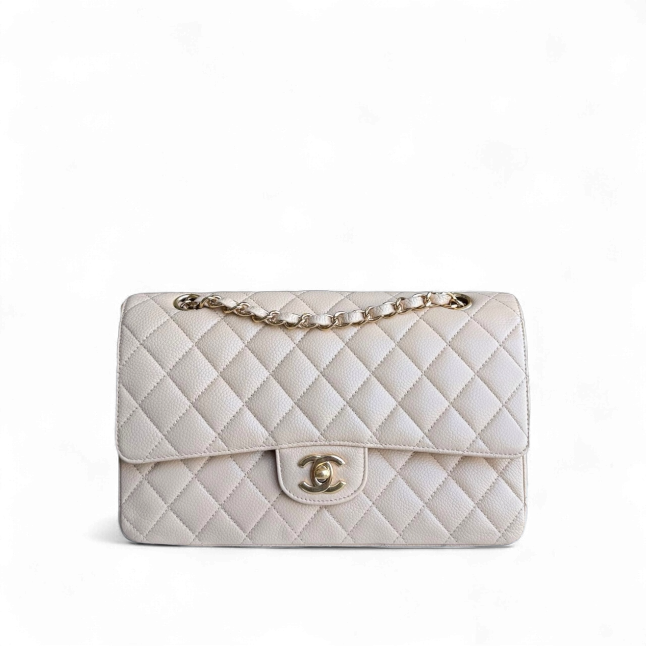 Chanel Classic Flap Medium - Caviar 25CM Quilted Grained Calfskin Beige Gold Hardware Series 16