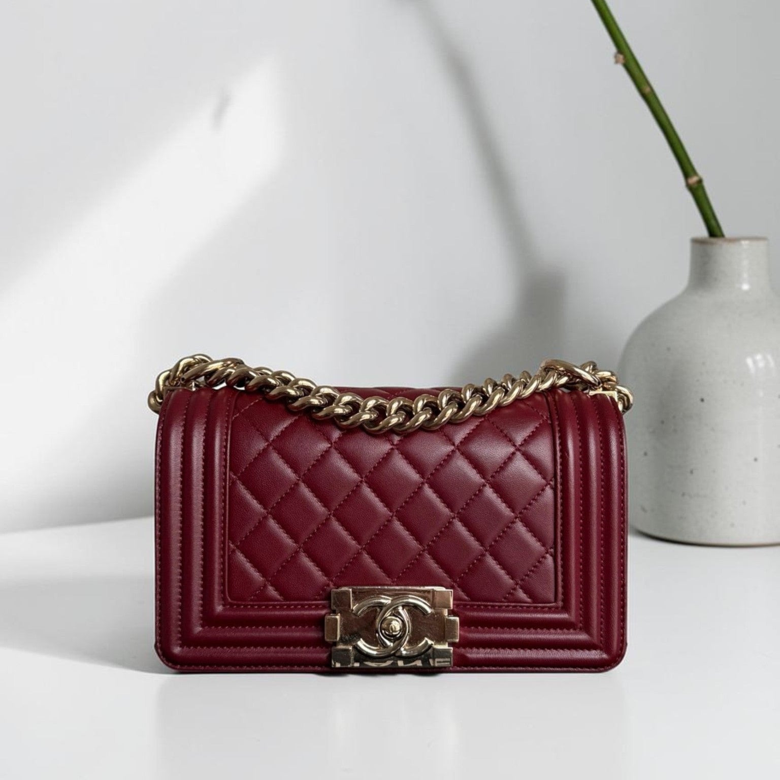 Chanel Boy Small - 20CM Quilted Lambskin Burgundy Dark Red Gold Harwdare Series 22