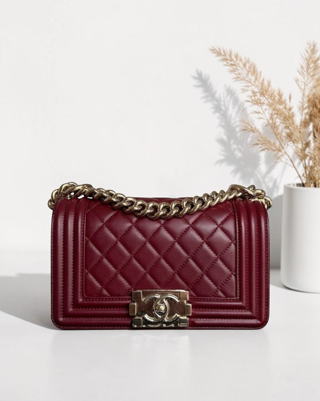 Chanel Boy Small - 20CM Quilted Lambskin Burgundy Dark Red Gold Harwdare Series 22