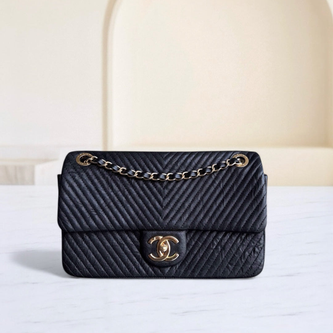 Chanel Seasonal Flap - Chevron Surpique CC Herringbone Medallion Calfskin Flap Black Gold Hardware Series 22
