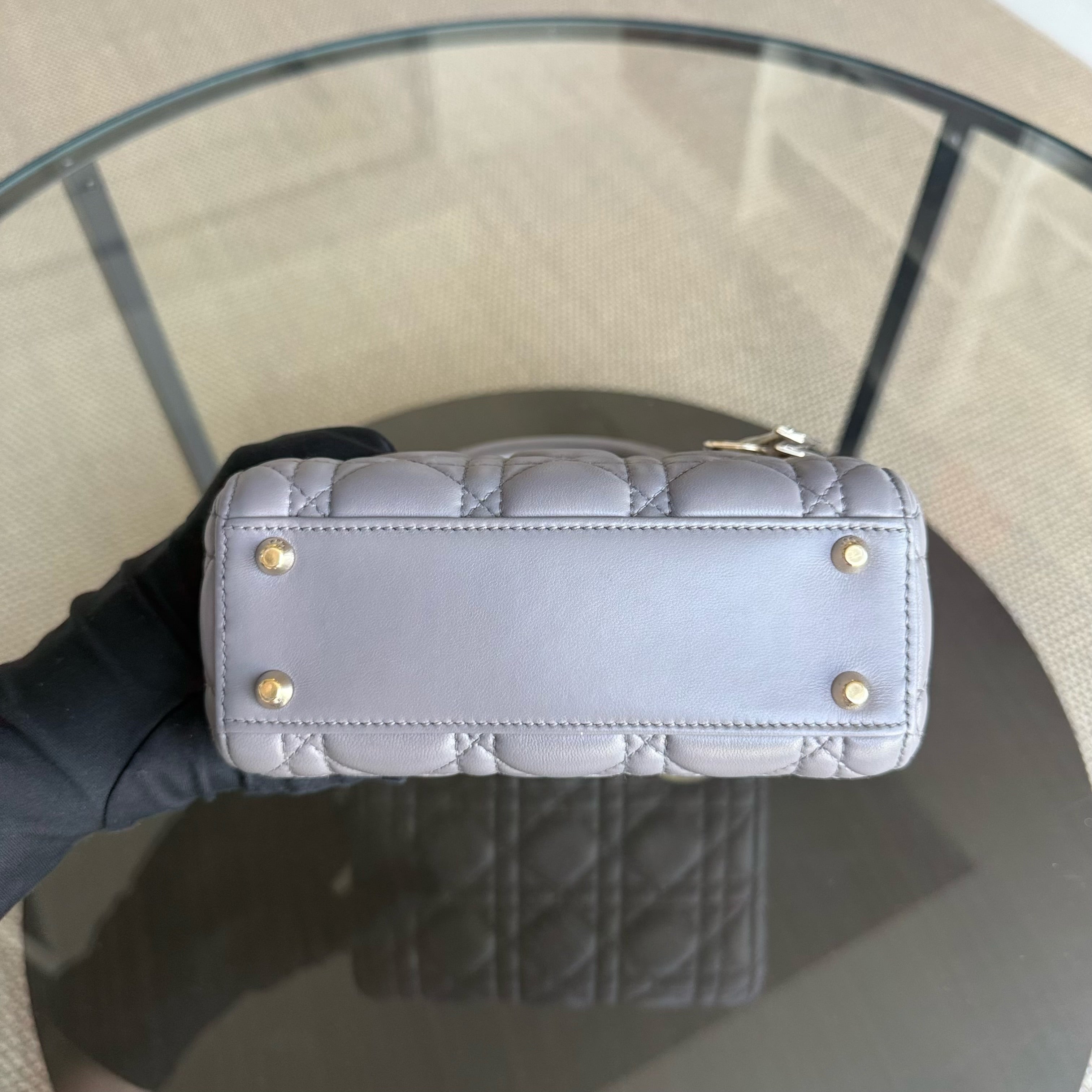 Dior Lady Mini - Cannage Lambskin Grey Gray Gold Hardware Adjustable Strap
