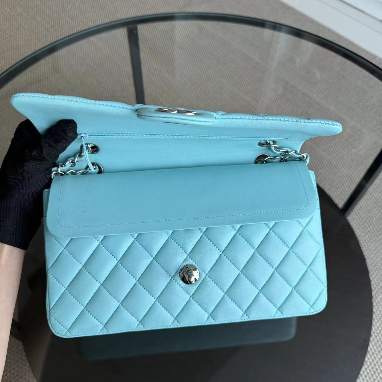 Chanel Classic Flap Medium - 25CM Double Flap Quilted Lambskin Tiffany Blue Silver Hardware Series 27