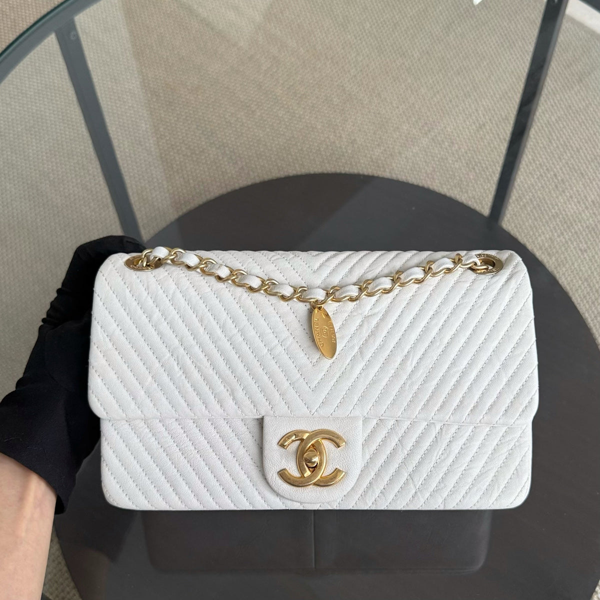 Chanel Seasonal Flap - Chevron Surpique CC Herringbone Medallion Flap Gold Hardware
