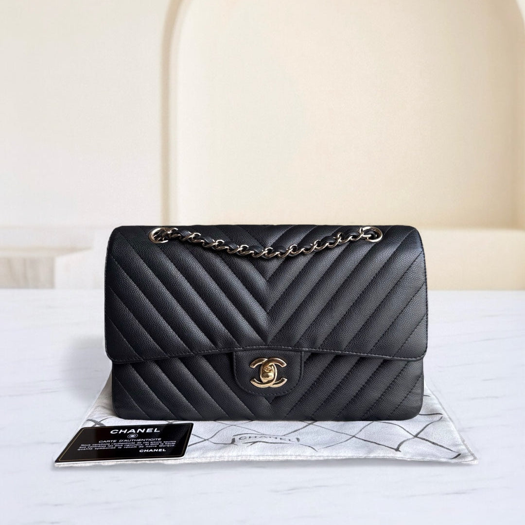 Chanel Classic Flap Medium - Caviar 25CM Chevron Grained Calfskin Black Gold Hardware Series 27