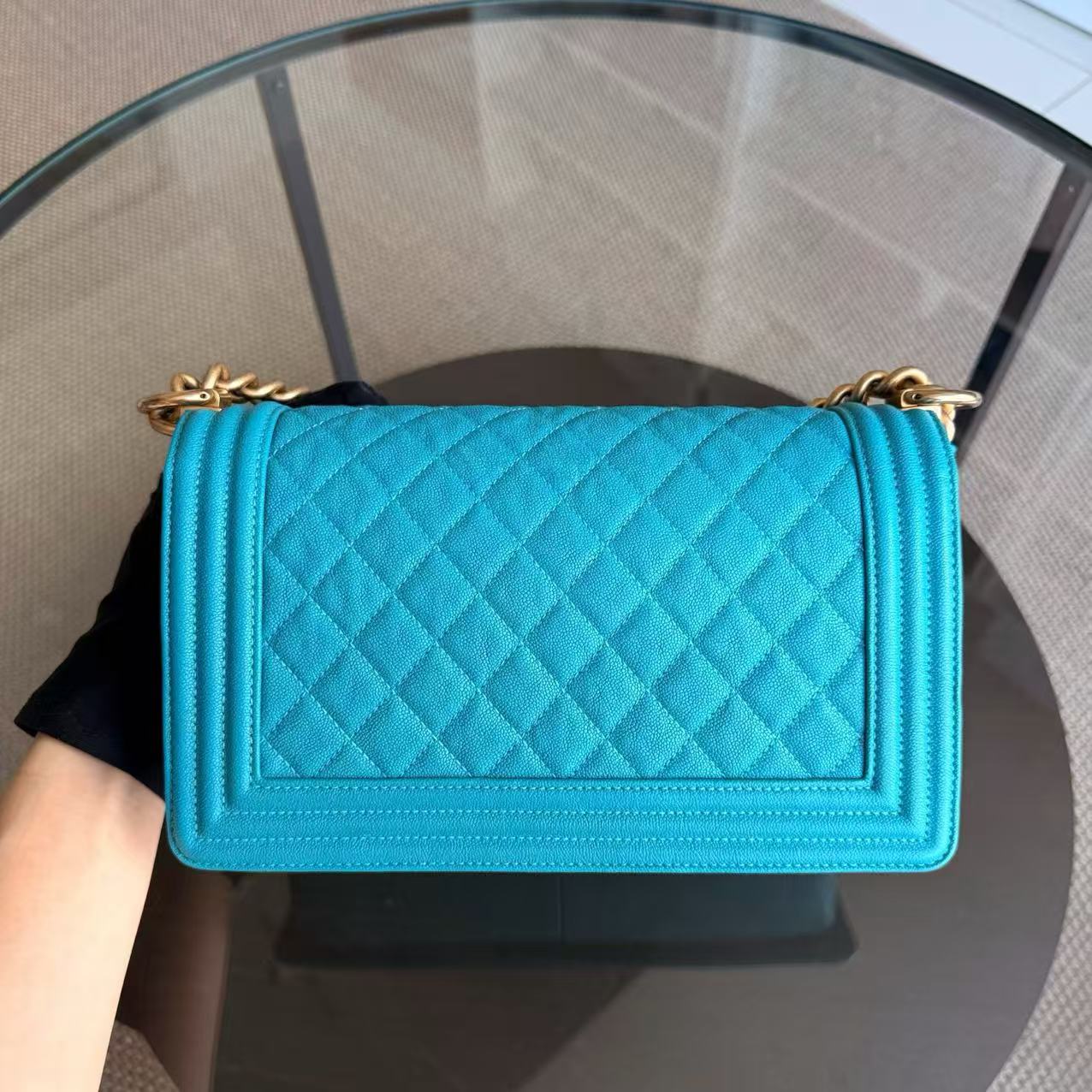 Chanel Boy Medium - Caviar 25CM Quilted Blue Gold Hardware Series 28