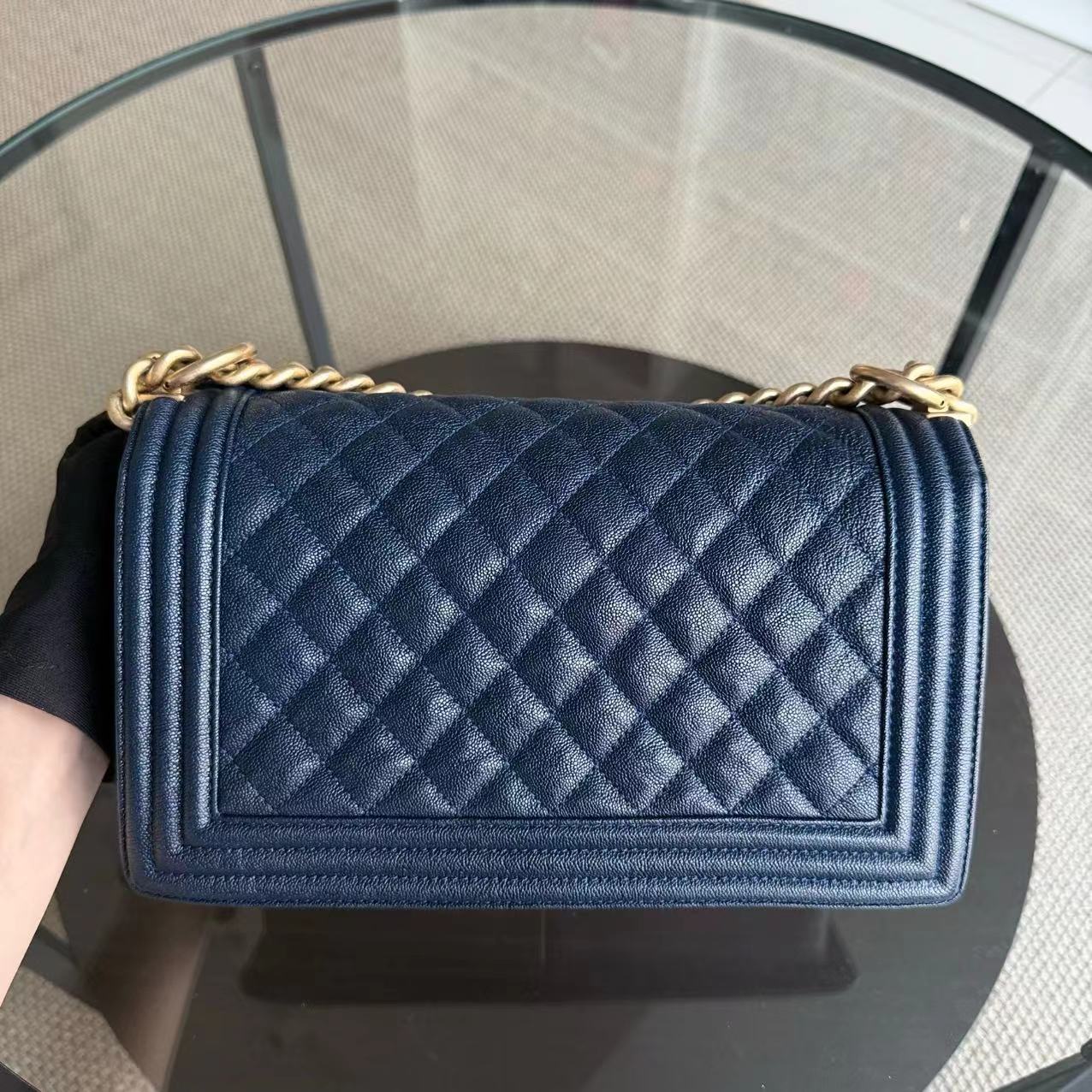 Chanel Boy Medium - 25CM Caviar Quilted Dark Navy Blue Gold Hardware