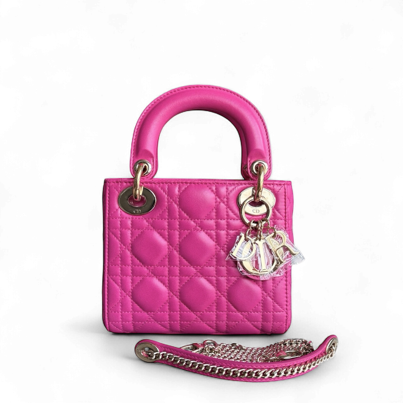 Dior Lady Mini - Cannage Lambskin Hot Pink Gold Hardware Chain Strap