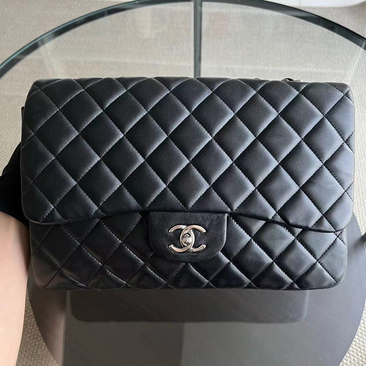 Chanel Jumbo Classic Flap Single Flap Quilted Lambskin Black Silver Hardware Series 14