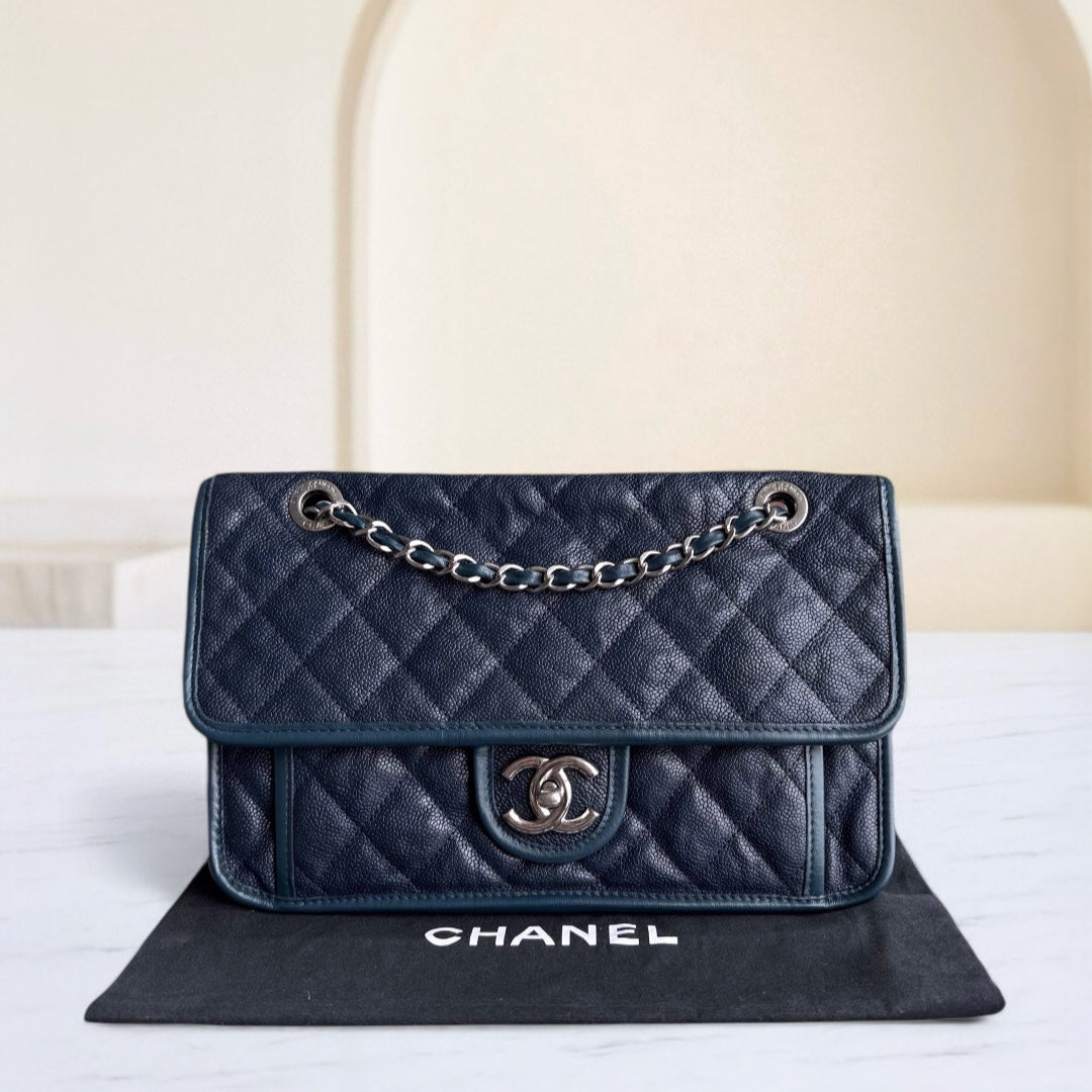 Chanel French Riviera - Caviar Quilted Grained Calfskin Dark Navy Blue Silver Hardware Series 15